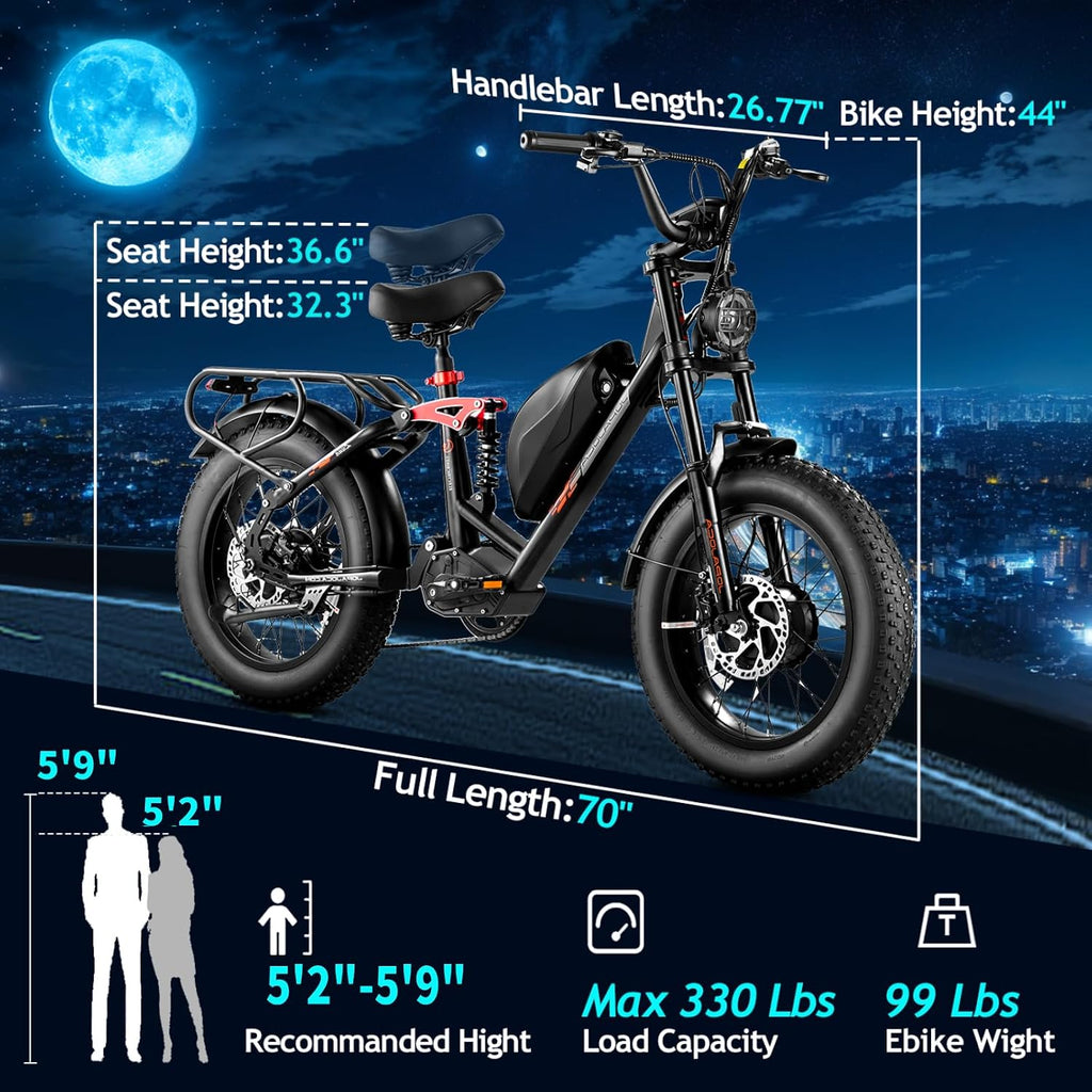 eAhora Terra/Luna [2025] Dual Motor Electric Bike for Adult, 3000W/1500W | 33MPH | 20/15Ah | 80 Miles Long Range | 20'*4.0 Fat Tires | Full Suspension | for Coummute | Delivery | Women | Men