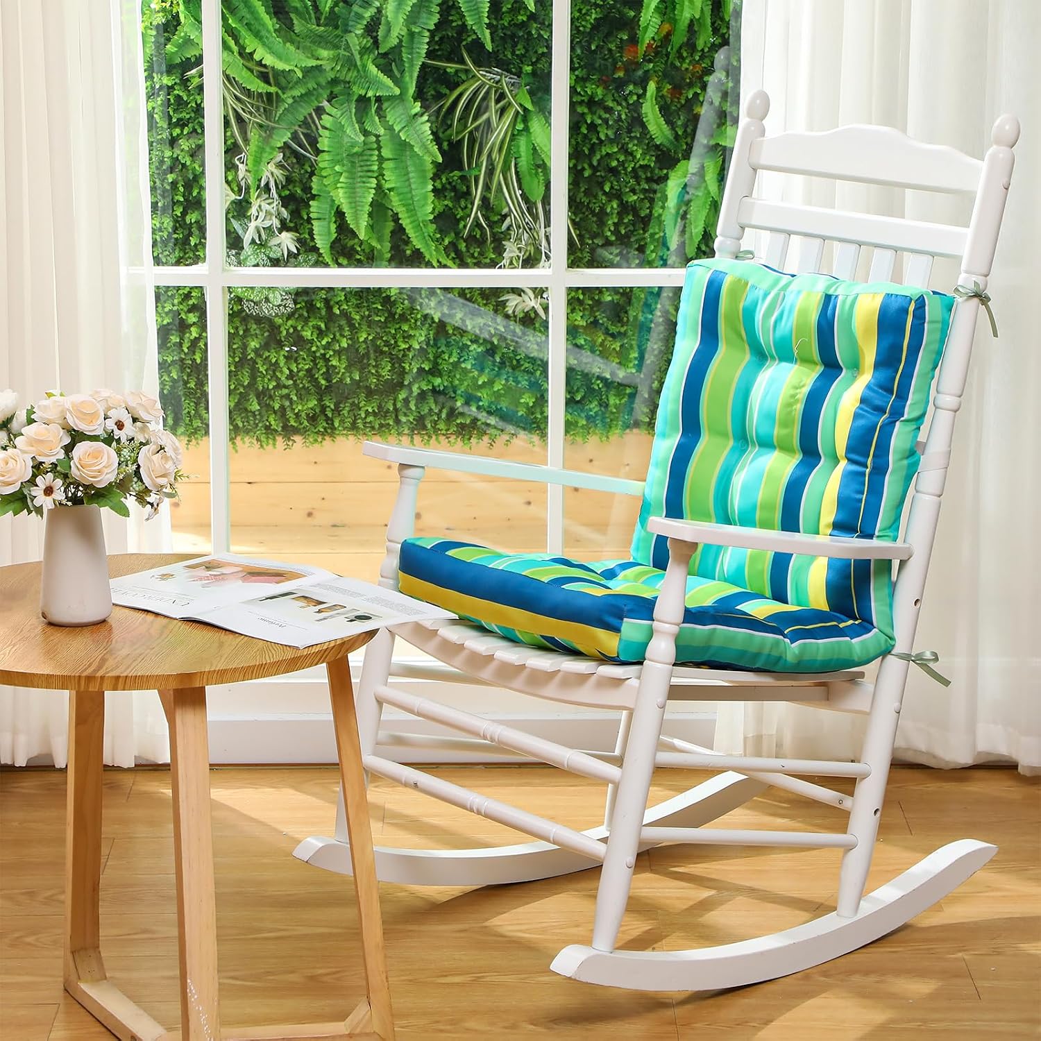 Hoteam 6 Set Patio Chair Cushions Outdoor 20 x 40 Inch High Chair Patio Cushion for Outdoor Furniture Waterproof Seat Rocking Indoor Thickened Pad(Striped Style,Green)