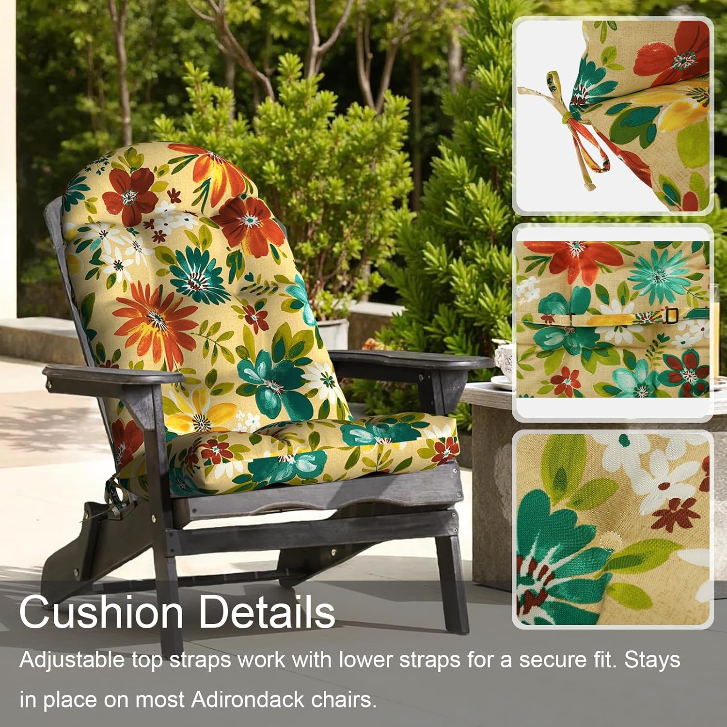 LVTXIII 2 Pack Outdoor Adirondack Chair Cushions, 44x19x4 Inch Water Repellent Patio Cushions for Rocking Chairs, Thick Tufted High Back Seat Cushion Set, Floral Multi