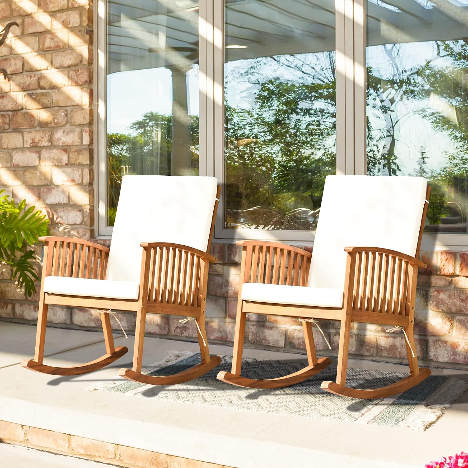 2PCS Rocking Chair Outdoor, Acacia Wooden Rocker Chair with Seat and Back Cushion, Armrests, Comfortable Porch Rocking Chair with 355Lbs Support for Lawn, Patio, Backyard, Garden, Deck, Indoor