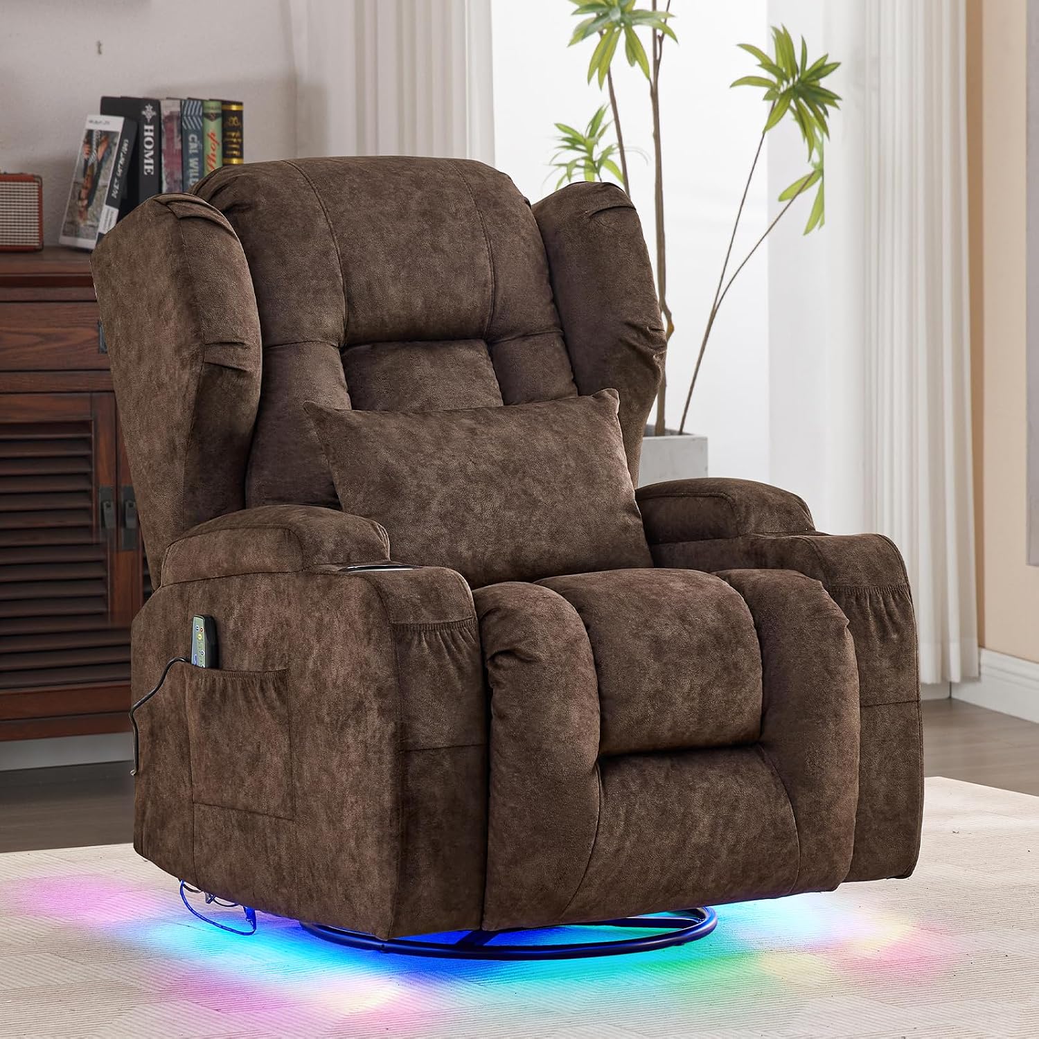 Power Swivel Rocker Recliner Chair with Massage & Heat, Dual Motor Electric Glider Rocking Recliner with USB Ports, Cup Holders & LED Light for Living Room, Home Theater (Brown)