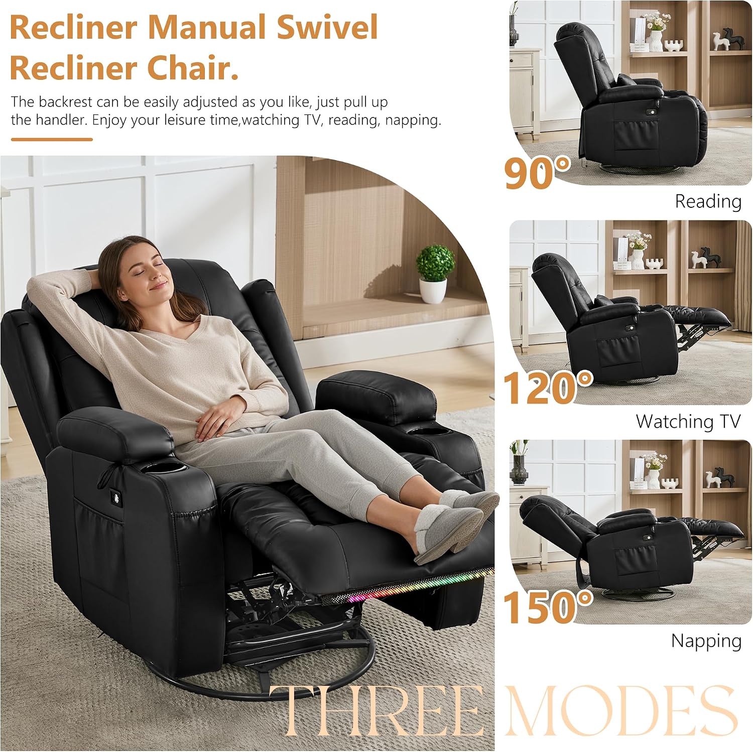 URRED Rocker Recliner Chair for Adults, 270° Swivel Glider Reclining Single Sofa with LED Ambient Light and Storage, Faux Leather Recliner for Living Room or Home Theater (Black, Set of 2)