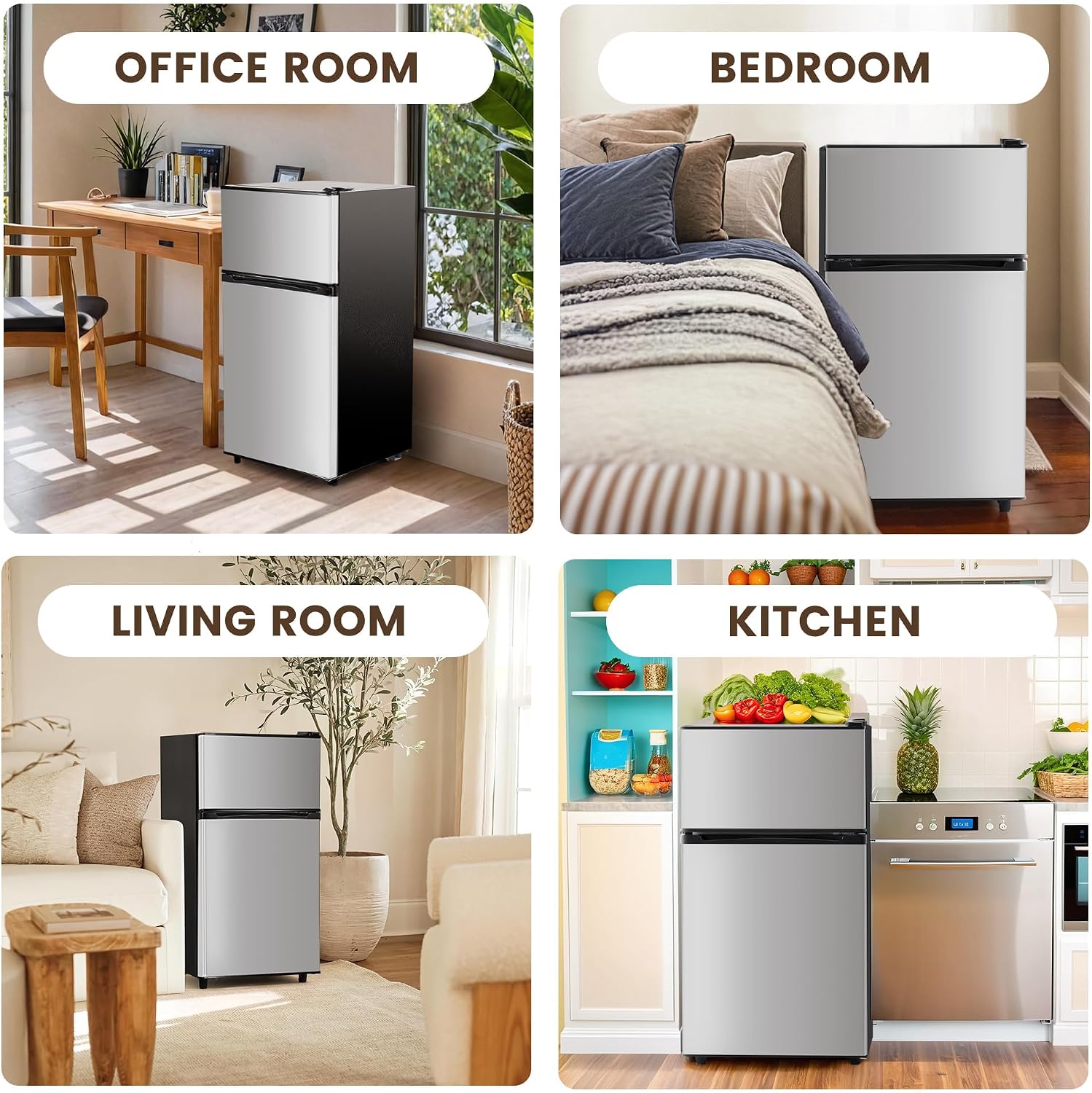 Manastin 3.5 Cu.Ft 2 Door Mini Fridge with Freezer, Small Refrigerator, 7 Level Adjustable Thermostat, Compact Fridge for Living Room, Dorm, Office, Kitchen and Apartment (Silver)
