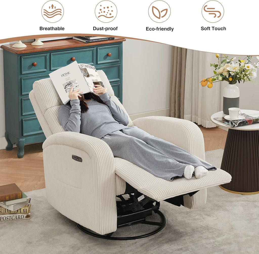 Power Swivel Rocker Recliner Chair for Nursery, Swivel Reclining Rocking Chairs, Electric Glider for Living Room, Upholstered Recliner Chairs for Bedroom, Corduroy White