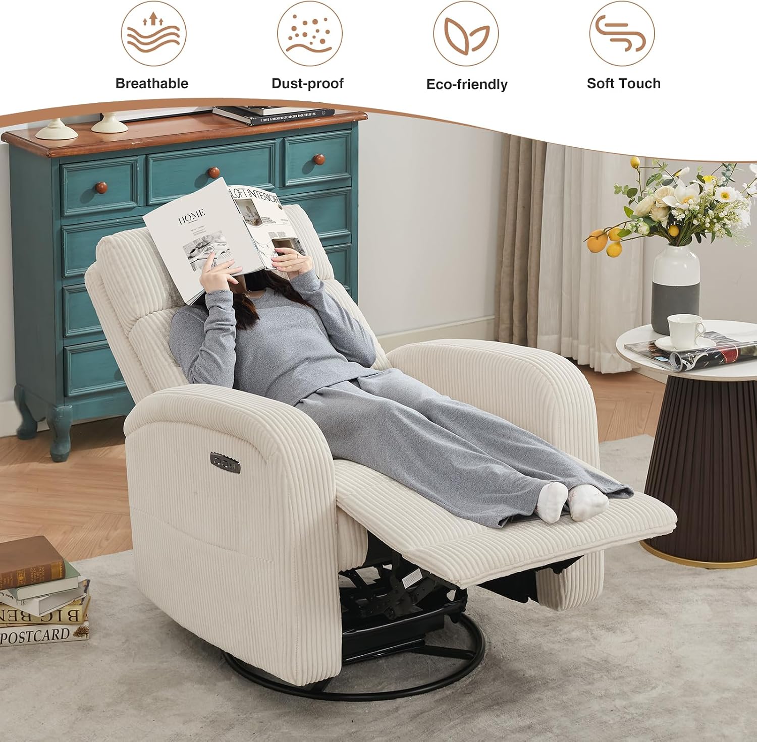 Power Swivel Rocker Recliner Chair for Nursery, Swivel Reclining Rocking Chairs, Electric Glider for Living Room, Upholstered Recliner Chairs for Bedroom, Corduroy White