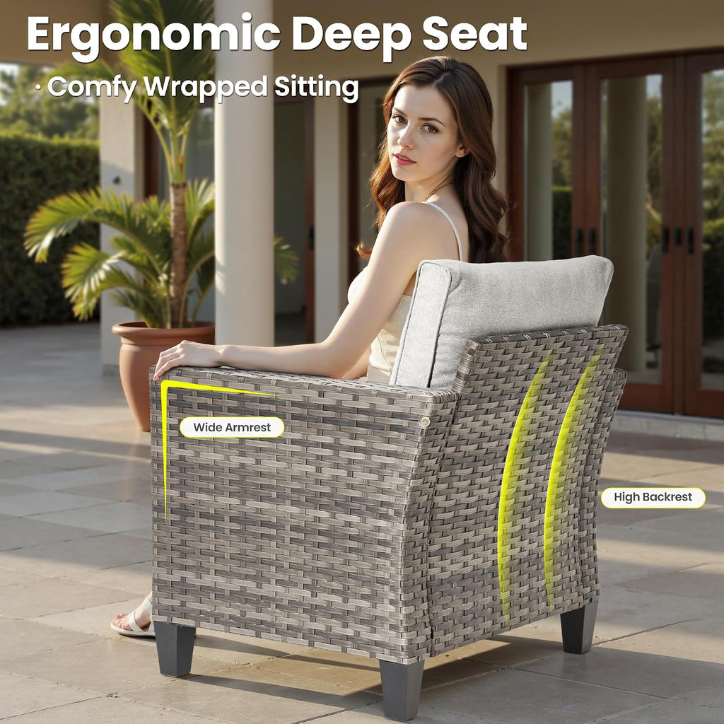ovios 3 Pieces Patio Chair Set with Side Table, Outdoor Wicker Chairs of 2 with Comfy Cushions, High Back Rattan Armchairs Bistro Set for Porch Deck Garden, Grey
