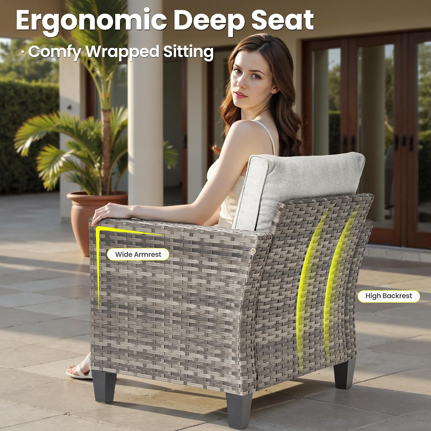 ovios 3 Pieces Patio Chair Set with Side Table, Outdoor Wicker Chairs of 2 with Comfy Cushions, High Back Rattan Armchairs Bistro Set for Porch Deck Garden, Grey