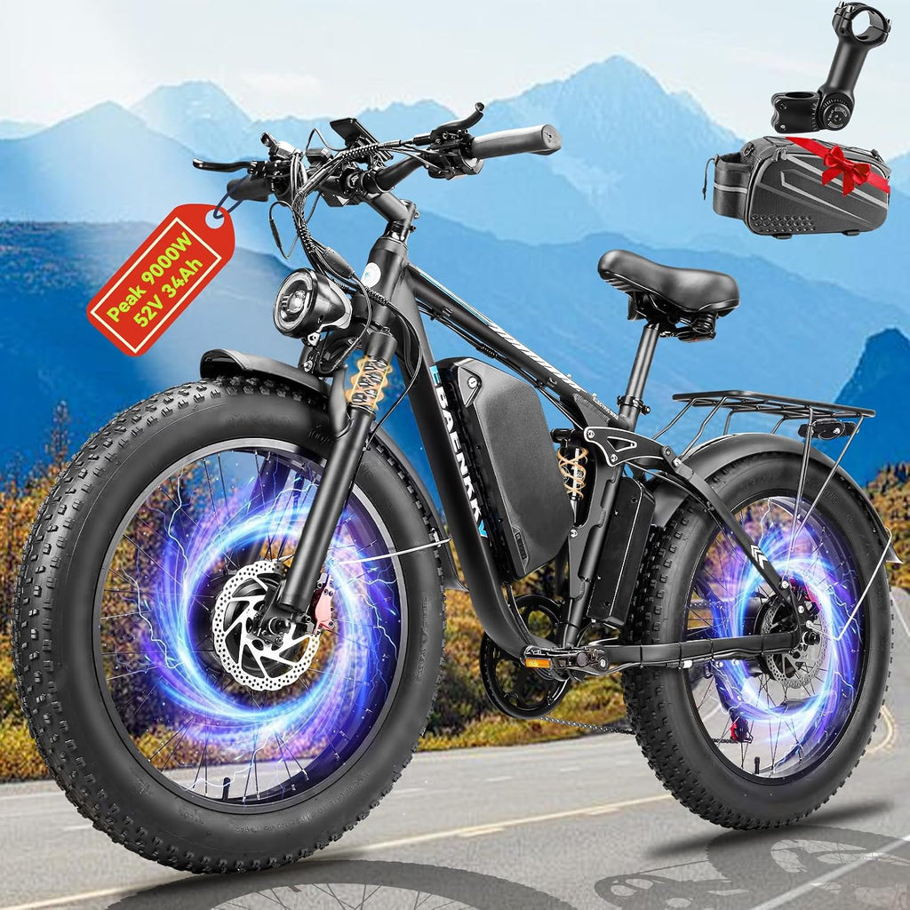 9000W Dual Motor Electric Bike for Adults – 46MPH Fast Ebike 24' Fat Tire 52V 34Ah (1768Wh) 100 Miles Range Full Suspension Off-Road Electric Bicycle for Mountain Sand Snow