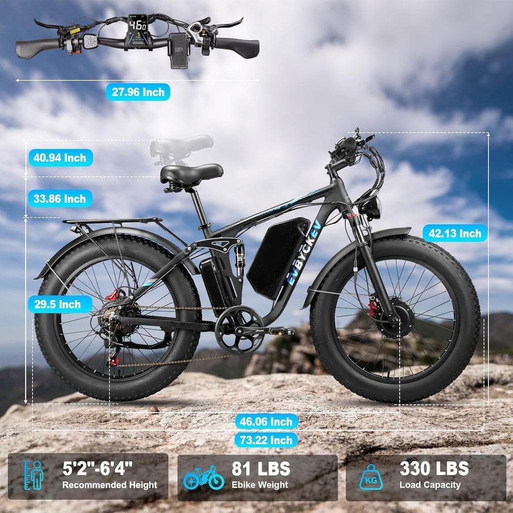 9000W Peak Electric Bike for Adults,58V Max-Output 1972Wh Dual Motor Ebike,47MPH 105Miles Range,24' x4.0 Fat Tire Hydraulic Disc Brake Full Suspension E-Bike for Mountain Snow Commuter