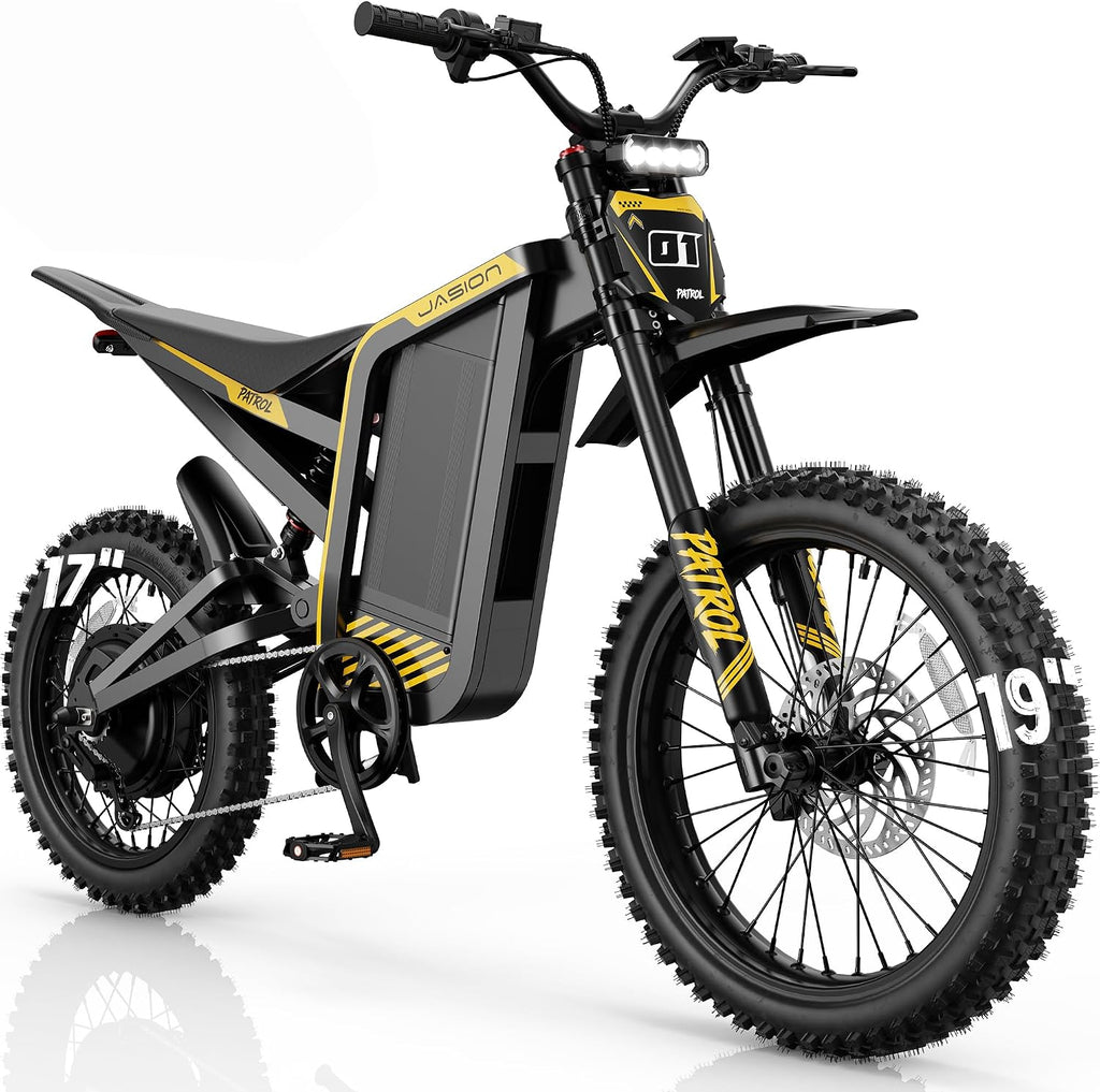 Jasion Patrol 52 Electric Dirt Bike for Adults&Teens,4000W Peak 40MPH Electric Bike with 52V 30AH 1560Wh Battery E Dirt Bike,50-Mile Range,19''/17''Off-Road Tires,Full Hydraulic Brakes&Dual Suspension