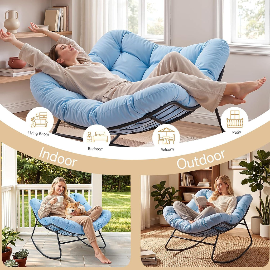 ONBRILL Outdoor Papasan Rocking Chair, 450 lbs Oversized Comfy Patio Chair with Thickened Cushion, Indoor Egg Rocking Lounge Chairs, Rocker Chairs for Patio Porch Garden Living Room Bedroom, Blue