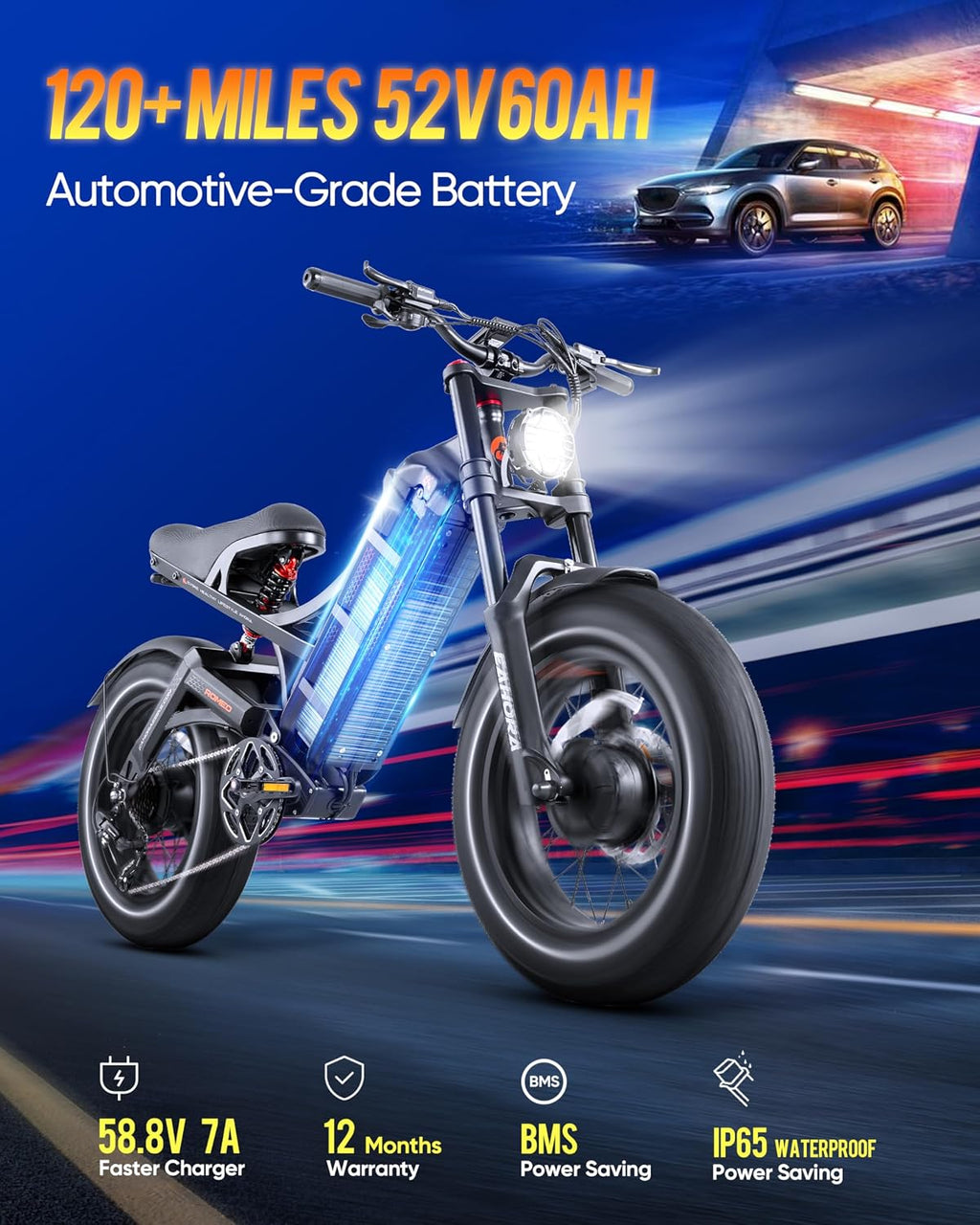 eAhora Romeo Pro II/Romeo Pro(2024 Newest)3000W/1200W Electirc Bike for Adults 52/48V 60Ah 120+ Miles Long Range Electric Bike, 26'*4.0 Fat Tire Electric Mountain Bike Full Suspension Electric Bicycle