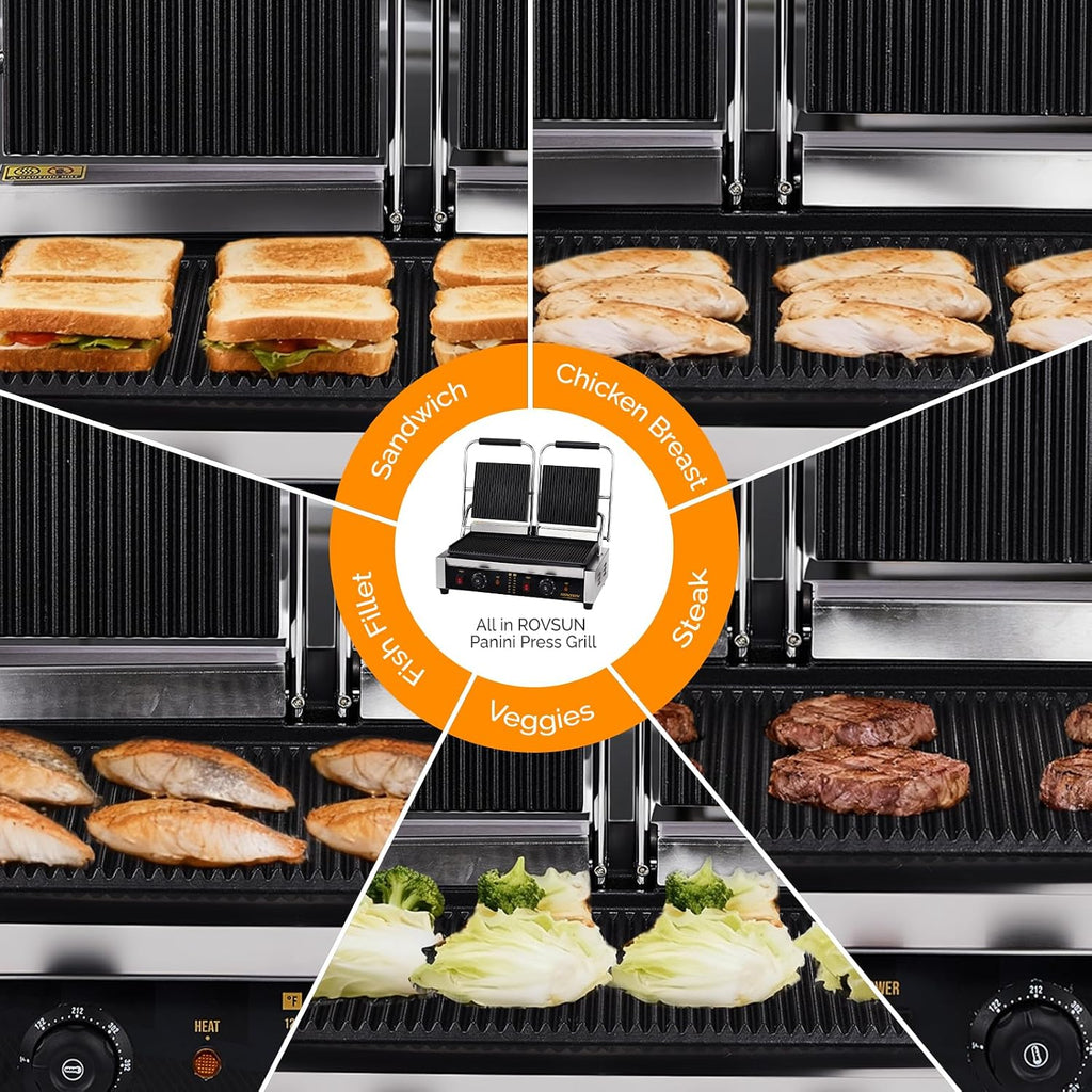 ROVSUN 813 Commercial Panini Press Grill, 3600W Stainless Steel Electric Countertop Sandwich Maker with Adjustable Temp 122°F–572°F, For Steak, Burgers, Home & Restaurant Use, 110V, Silver