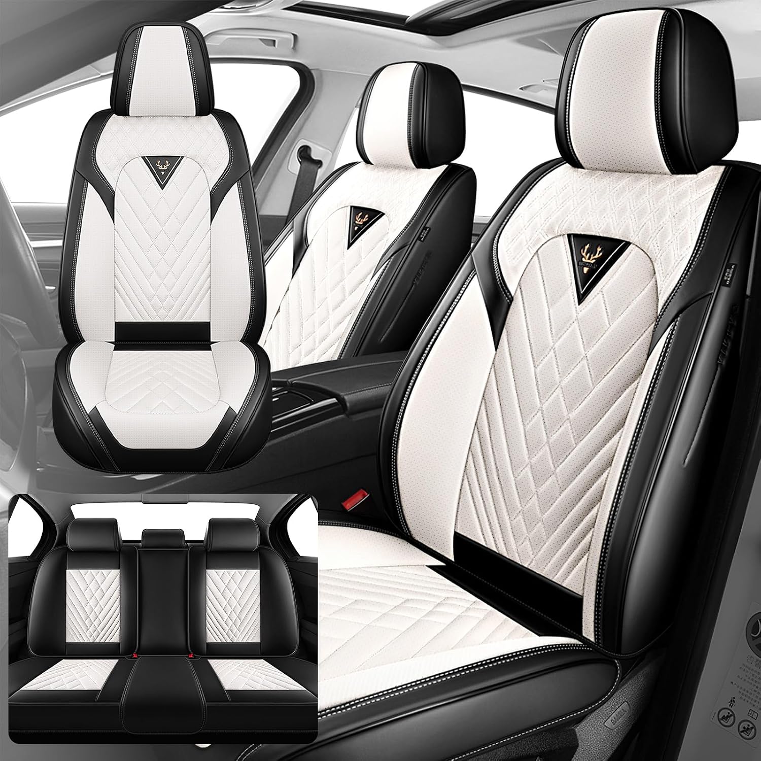 Fit for Ford Explorer 2000-2026 Seat Covers, Fashion Sport Seat Cover with Waterproof Leather, Airbag Safe Design Seat Protector (5 Full Seat Standard, Black White)