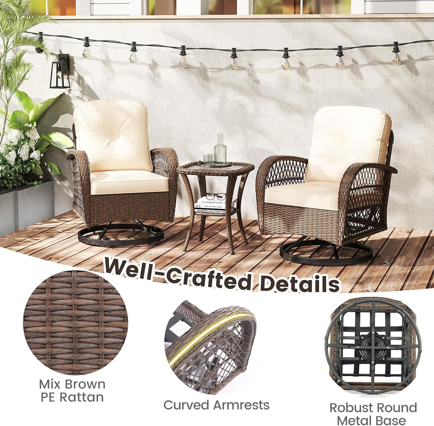Tangkula 3 Piece Patio Swivel Rocker Set, 2 Outdoor Wicker Rocking Chairs with Tempered Glass Side Table, Outside Gliding Bistro Furniture Set with Thick Cushions for Porch, Yard, Balcony (Beige)