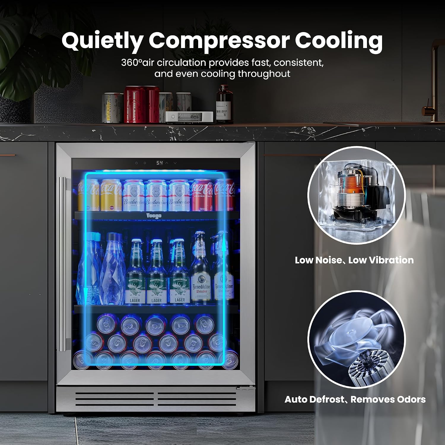 Yeego 24 Inch Beverage Refrigerator – 180 Can Built-In Under Counter Drink Fridge with Glass Door, 34–54°F Cooling for Beer, Soda & Wine (Right-Hinged)