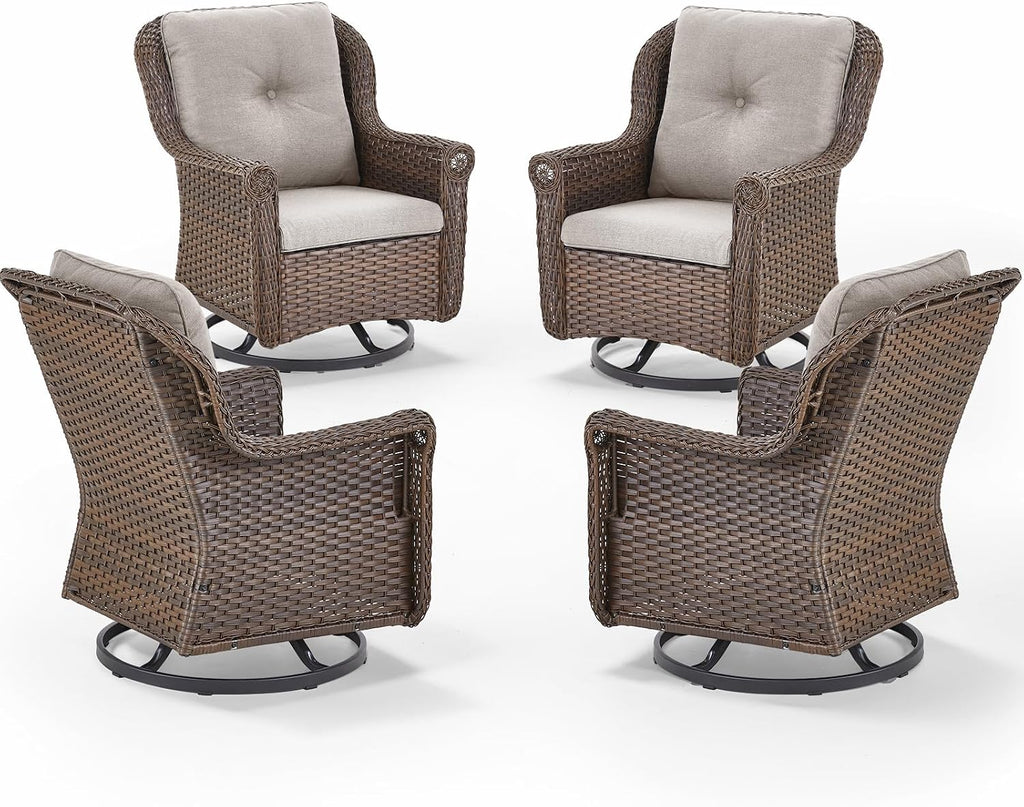 Patio Chairs Outdoor Swivel Glider - Set of 4 High Back Outside Brown Wicker Rattan Rocking Chair with Thick Cushion for Porch Apartment Deck Yard Poolside Garden - Beige