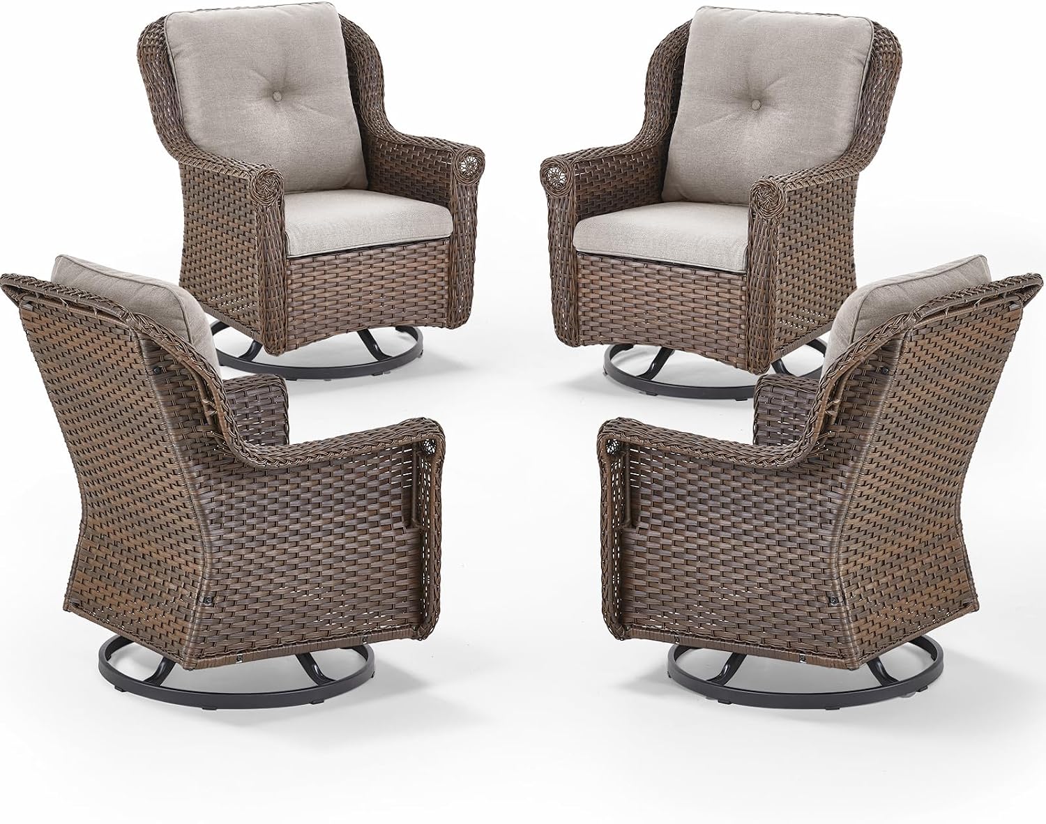 Patio Chairs Outdoor Swivel Glider - Set of 4 High Back Outside Brown Wicker Rattan Rocking Chair with Thick Cushion for Porch Apartment Deck Yard Poolside Garden - Beige