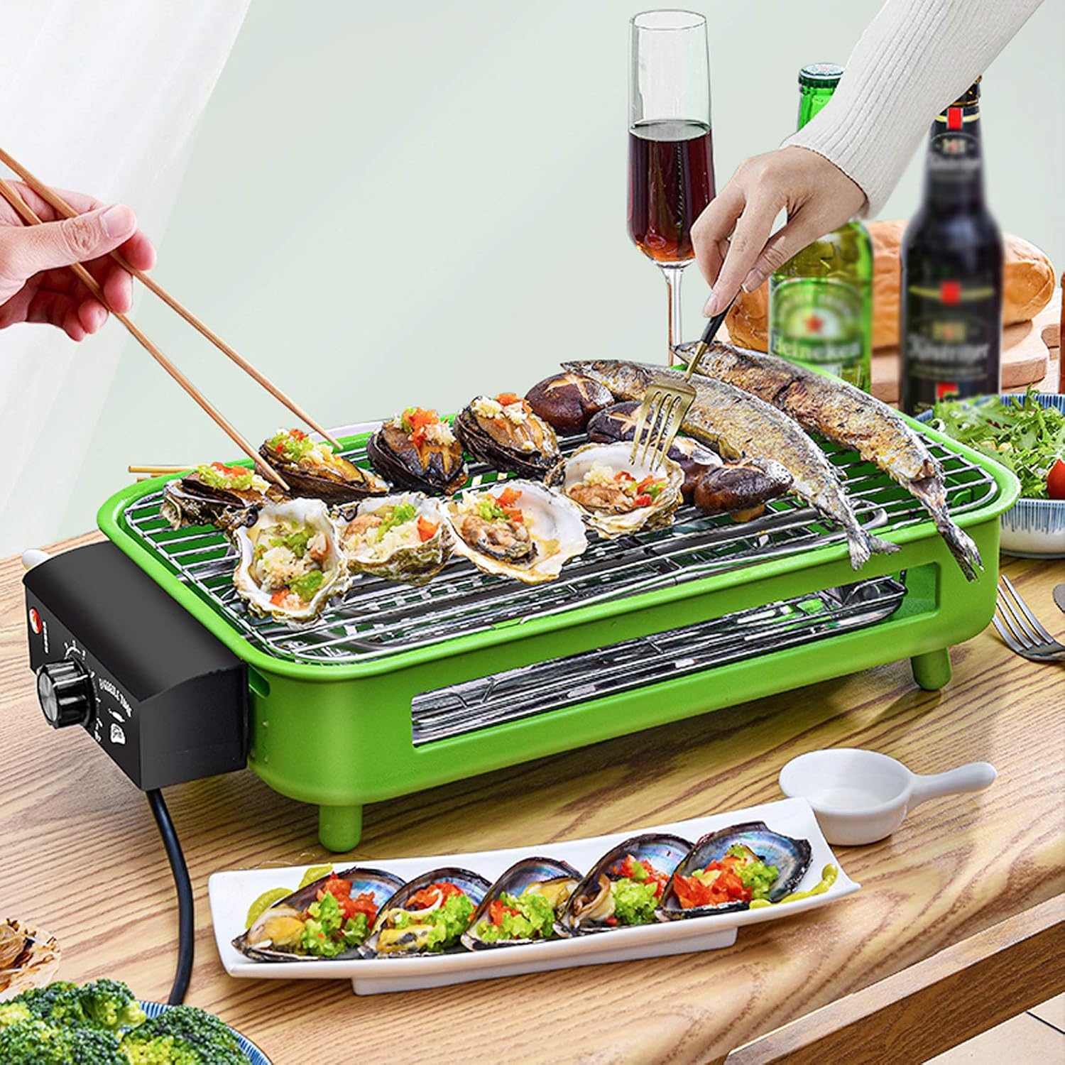 Grill for Outdoor Indoor Outdoor Electric Carbon Barbecue Grill Electric BBQ Smokeless Grill with Legs 1800W Adjustable Thermostat Removable Washable Plates, 18.5' X 9.8', Green Barbecue Grill