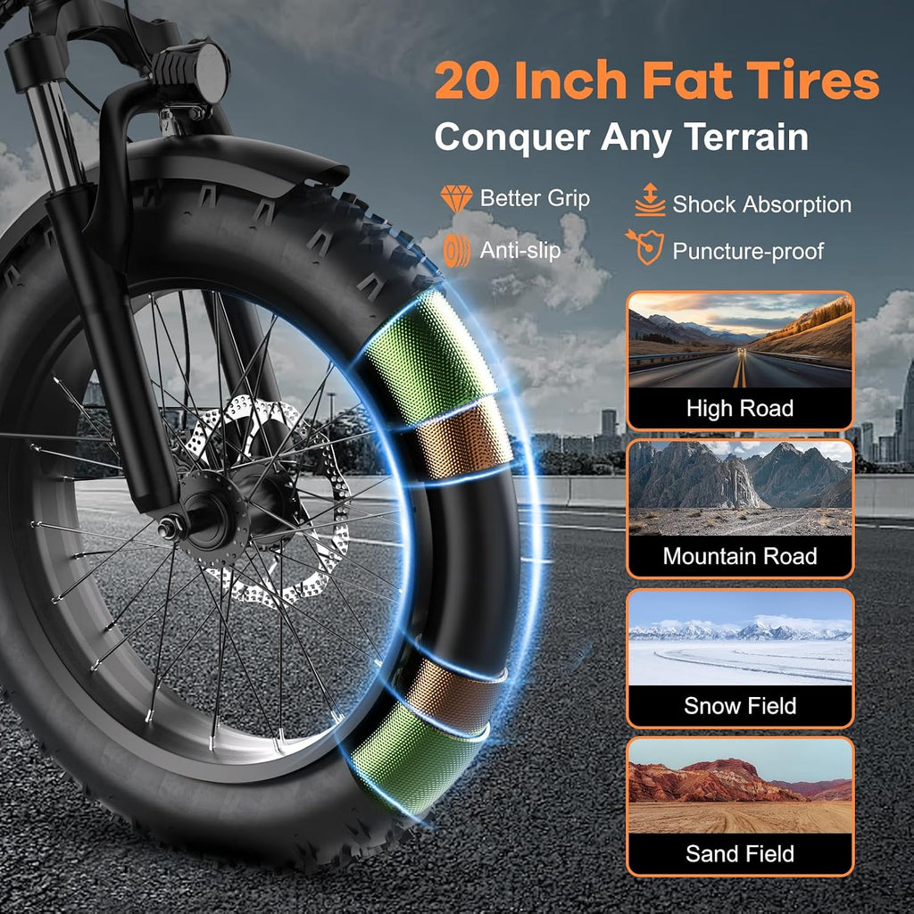 Auloor Foldable Electric Bike for Adults, Peak 1000W Brushless Motor 70Miles City Commuter Ebike, 48V 20AH Lithium Battery, 20' Fat Tire 7-Speed E-Bicycle with Front Suspension Colourful LCD Display