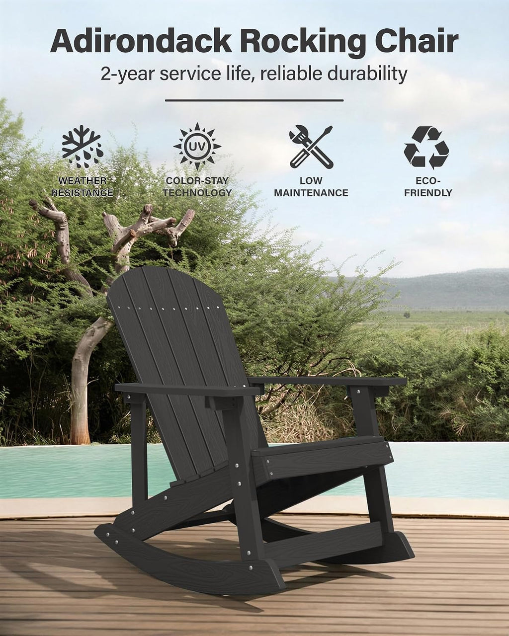 YEFU Outdoor Rocking Chair,Adirondack Rocking Chair,Patio Rocker Chair with Wide Back,Oversized Rocker Chair Look Like Real Wood, for Lawn, Porch, Backyard, Indoor and Garden(Black)