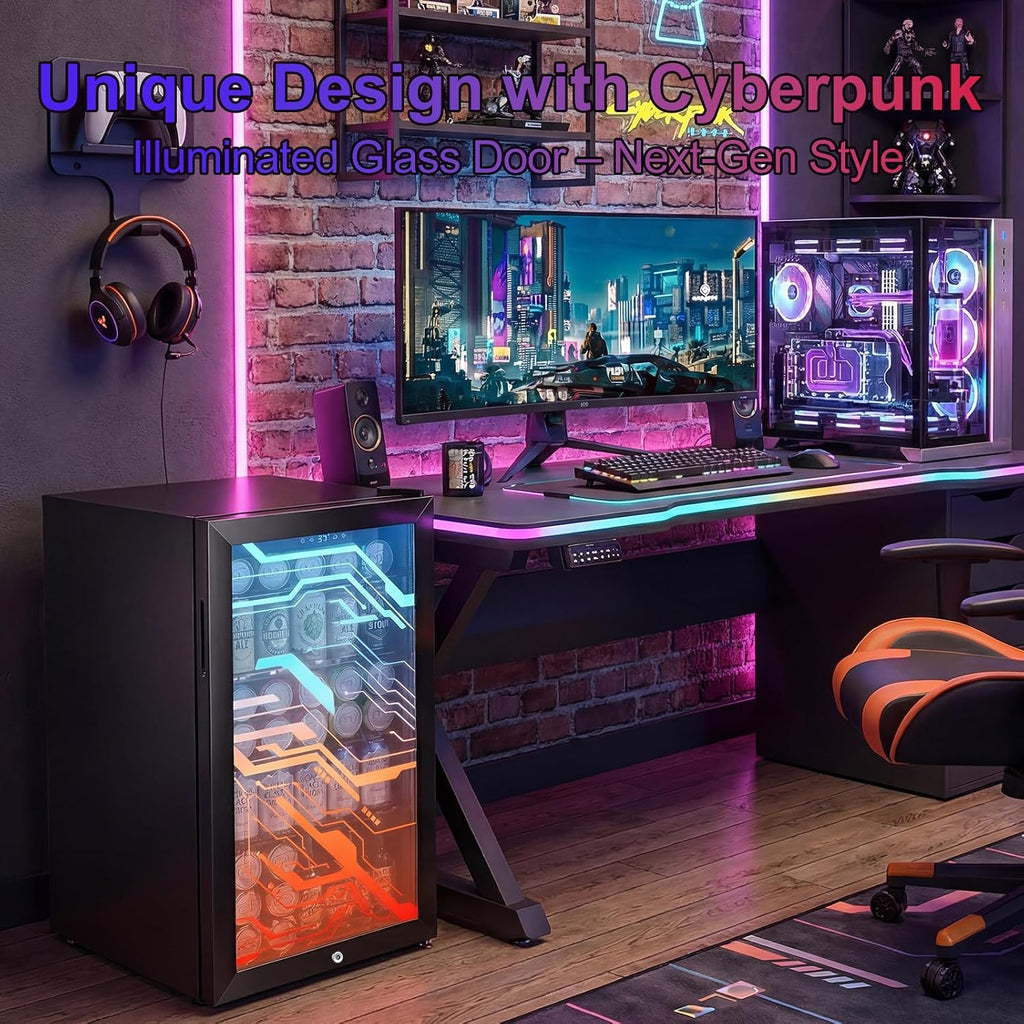 Beverage Refrigerator with LED Light Up Door – 128 Can Freestanding Drink Fridge, Small Beer Cooler with 4 Removable Shelves, Child Safety Lockfor Gaming Room Home Bar Party,Cyberpunk