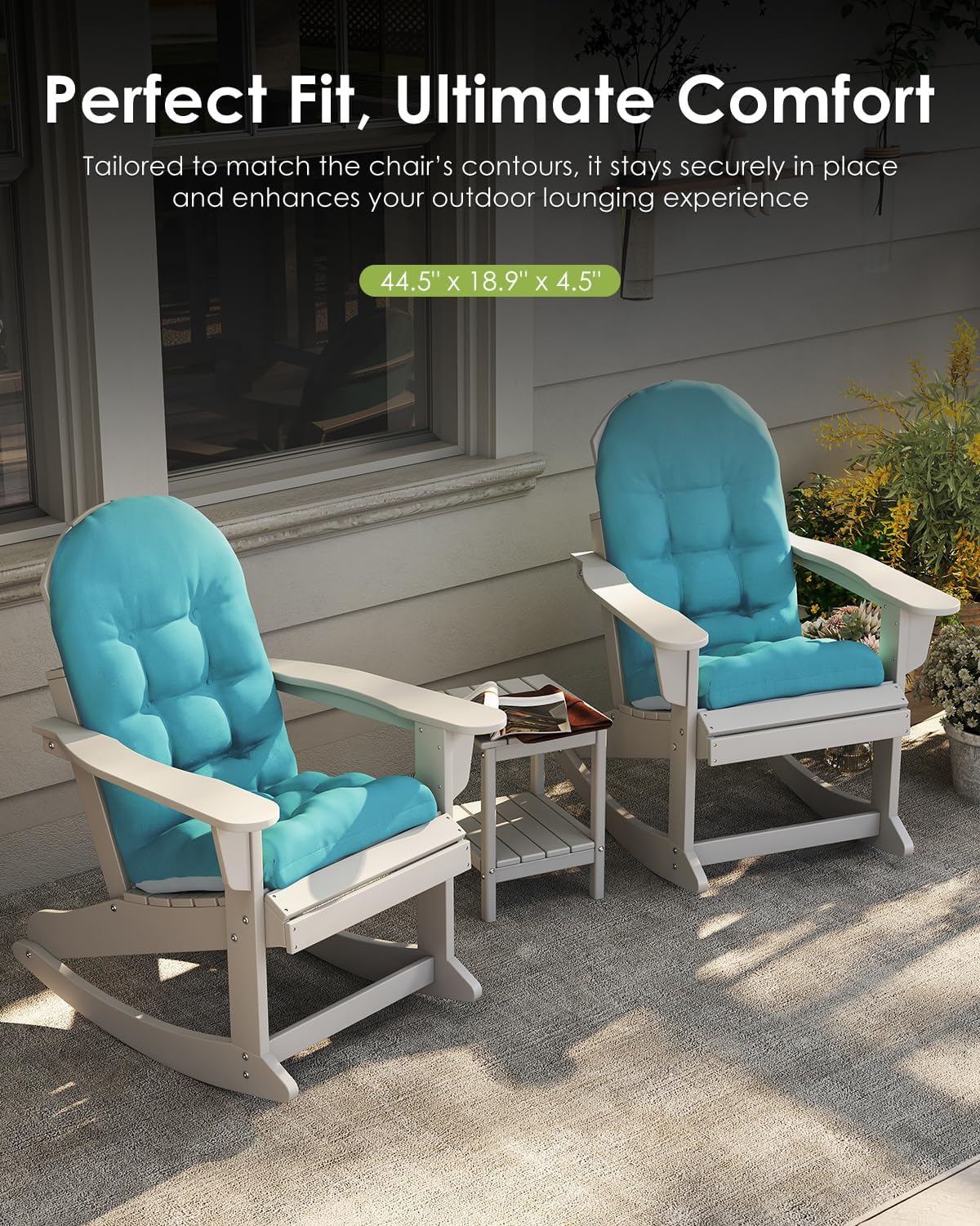 GREENVINES Adirondack-Chair-Cushions-Set-of-4 | Polyester | Waterproof | Outdoor High Back Rocking Chairs Cushion | Seat with Ties | Non-Slip | Thickened Pad for Patio | 44.5' x 18.9' x 4.5' | Arctic