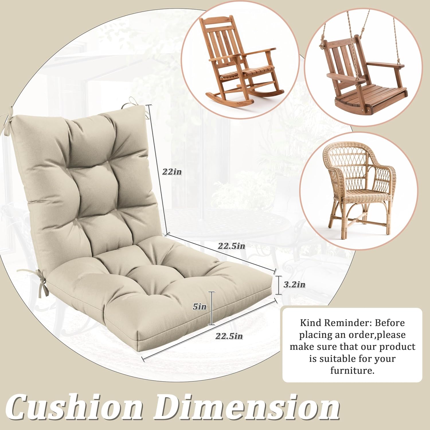 Patio Seat&Back Chair Cushions for Outdoor Furniture，Comfortable Cushions for Rocking/Dining/Lawn Chair-Set of 2
