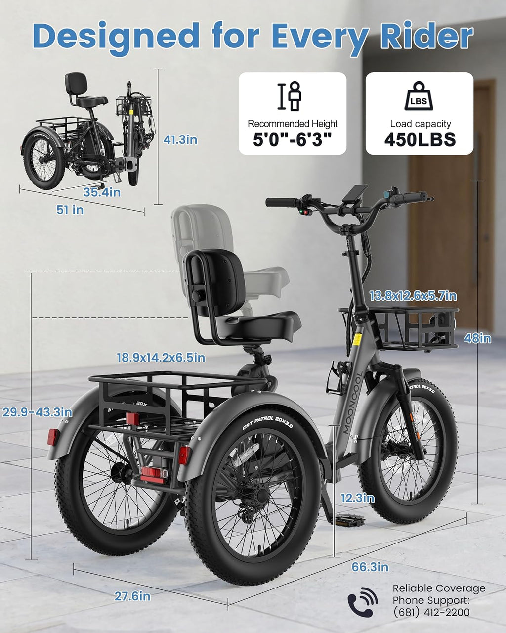 MOONCOOL Electric Trike for Adults, 500W/750W 48V Electric Tricycle for Adults, 20'x3.0' Fat Tire 3 Wheel Electric Bike, Folding Aluminum Adult Tricycle with Removable Battery
