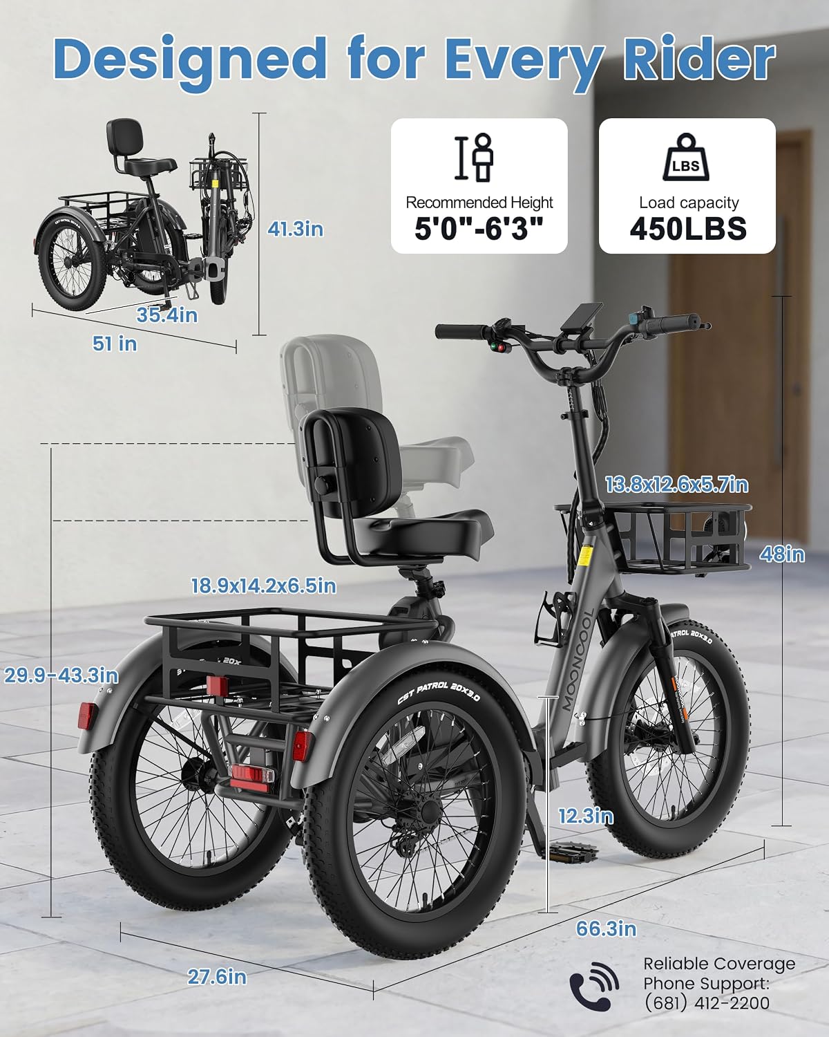 MOONCOOL Electric Trike for Adults, 500W/750W 48V Electric Tricycle for Adults, 20'x3.0' Fat Tire 3 Wheel Electric Bike, Folding Aluminum Adult Tricycle with Removable Battery