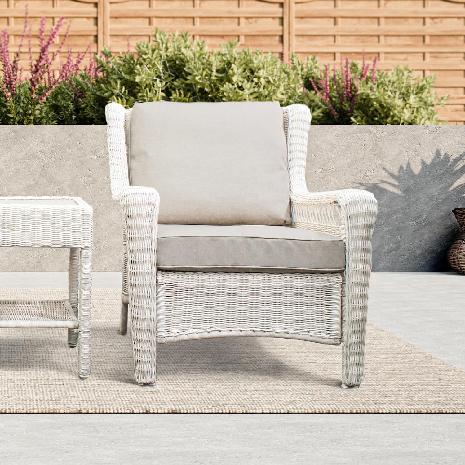 Park Meadow Outdoor Wicker Club Chair, All-Weather HDPE Patio Dining Chair with 4' Taupe Beige Cushions