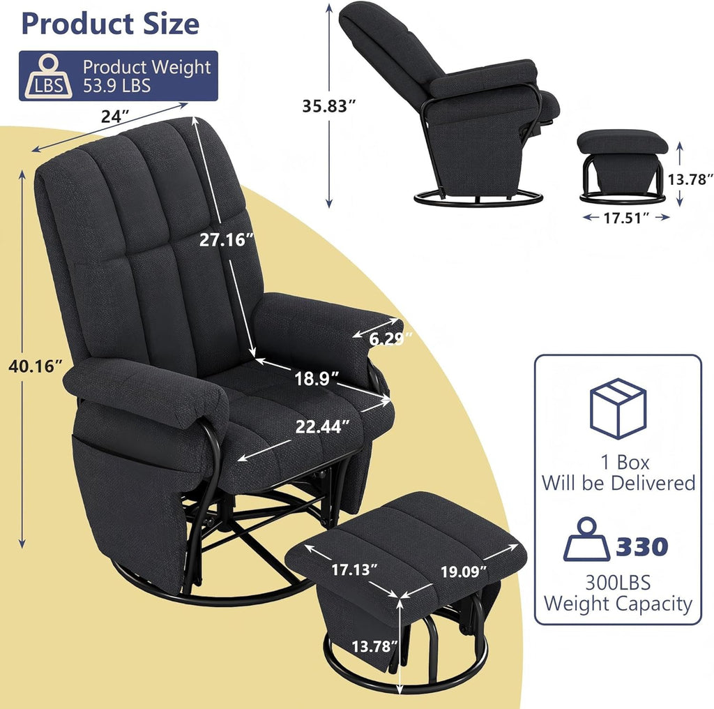 AODAILIHB 360° Swivel Glider Recliner with Ottoman, Nursing Glider Rocking Chair with Foot Rest & 2 Side Pockets for Nursery, Living Room, Bedroom, Office, Grey