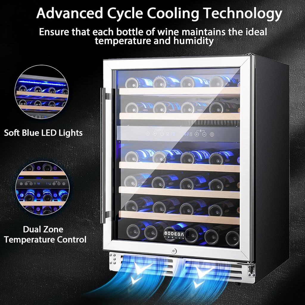 BODEGA 24 Inch Wine Cooler-46 Bottles Dual Zone Wine Fridge,41-68°F Wine Refrigerators Free standing, Built-in Compressor Mini Fridge with Adjustable Shelves for Home,kitchen, Office, Bar.