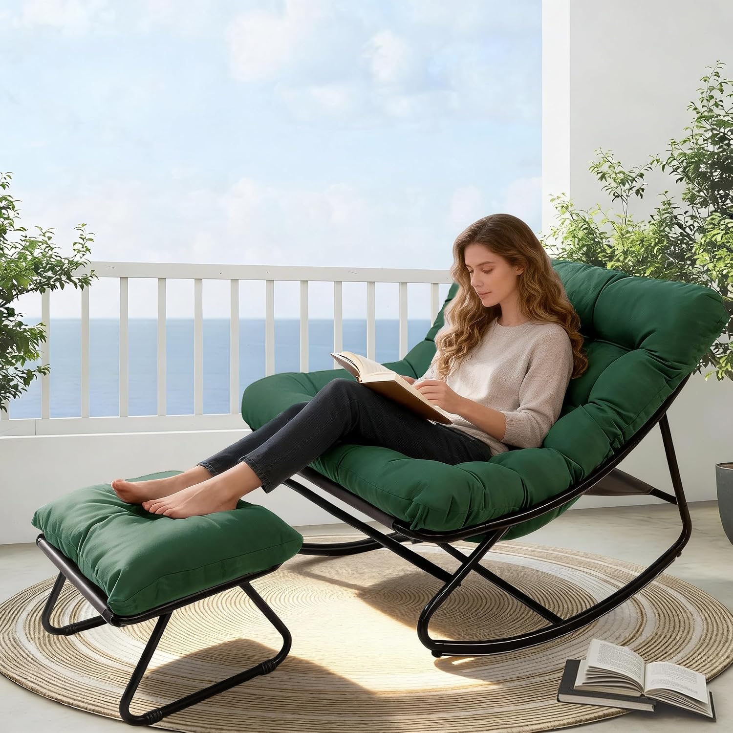 Outdoor Rocking Chair with Footstool, Oversized Patio Rocker with Deep Seat Thick Cushion, Rrocking Chairs for Bedroom, Living Room, Porch, Garden, Lawn (Green)