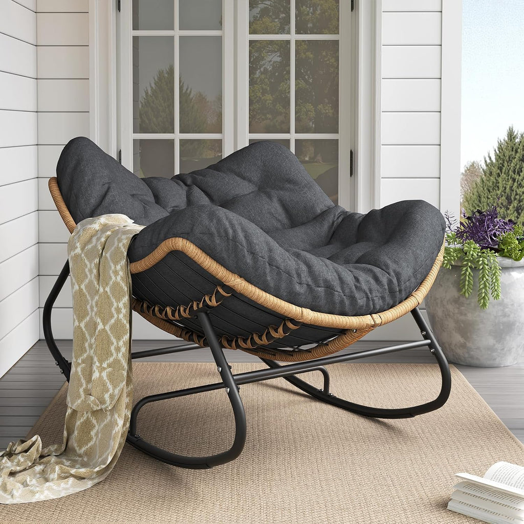 LEYCAY Outdoor Rocking Chair, Oversized Papasan Chair, Indoor Comfy Lounge Rocker with Cushion for Patio, Living Room, Porch, Balcony-Dark Grey