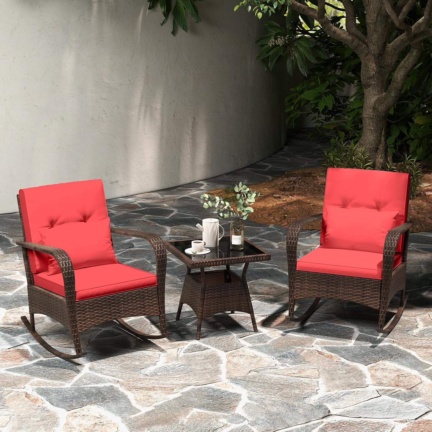 Tangkula 3 Pieces Rocking Bistro Set, Patiojoy Outdoor PE Rattan Rocker Chairs with Removable Cushions & Tempered Glass Top Coffee Table, Outdoor Wicker Furniture Set for Porch, Garden (Red)