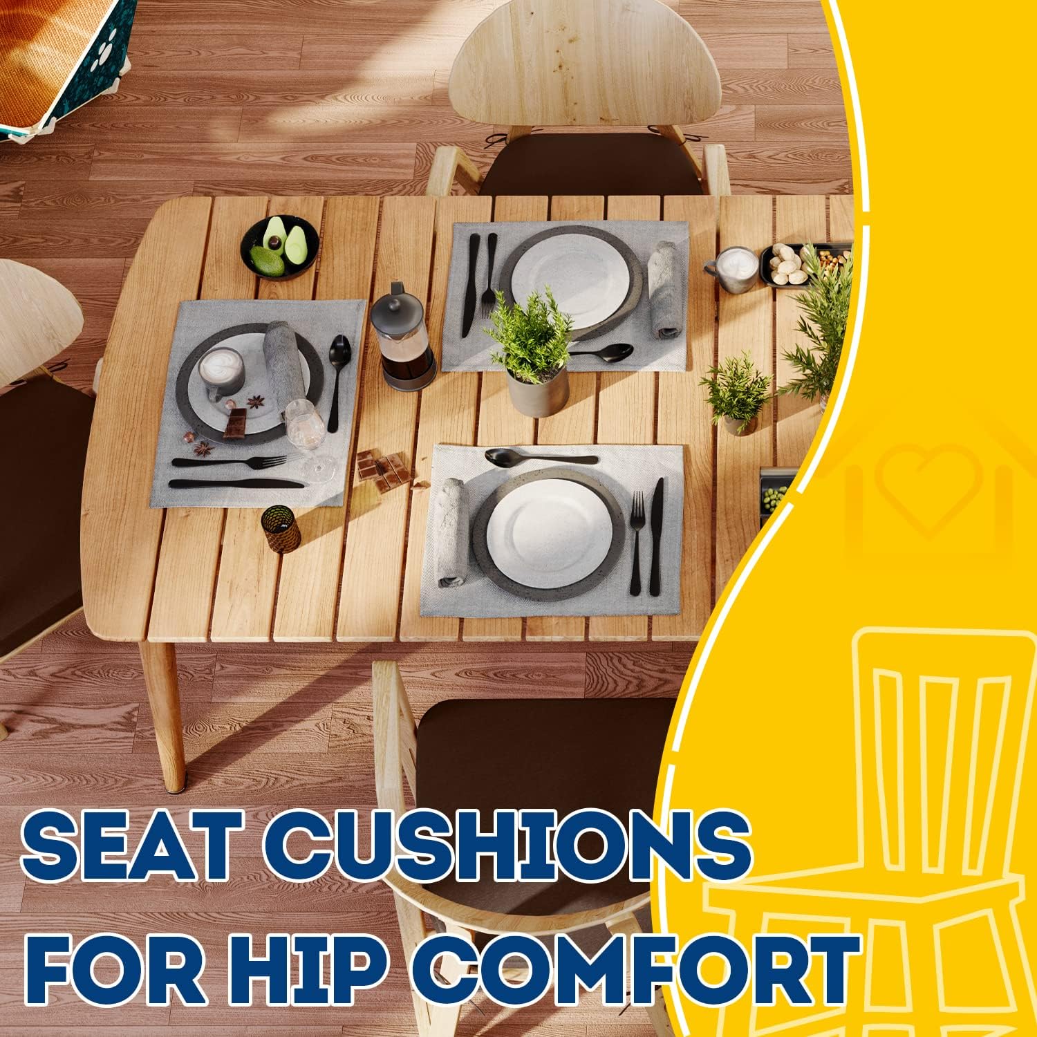 AAAAAcessories D-Shaped Chair Cushions, 2' Thick Dining Chair Pads with Ties and Removable, Machine-Washable Cover, 17' x 16', Set of 8, Brown