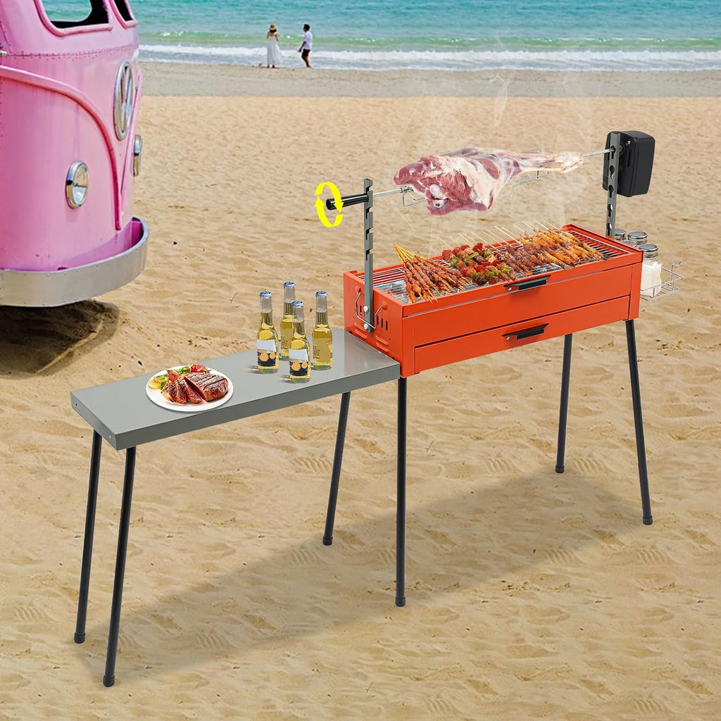 Camping Barbecue Grill with Detachable Table, Outdoor Grill 4 Adjustable Heights Automatic Rotation Suitable for Grilling Vegetables, Chicken Legs, Steak, Grilled Skewers, Etc.