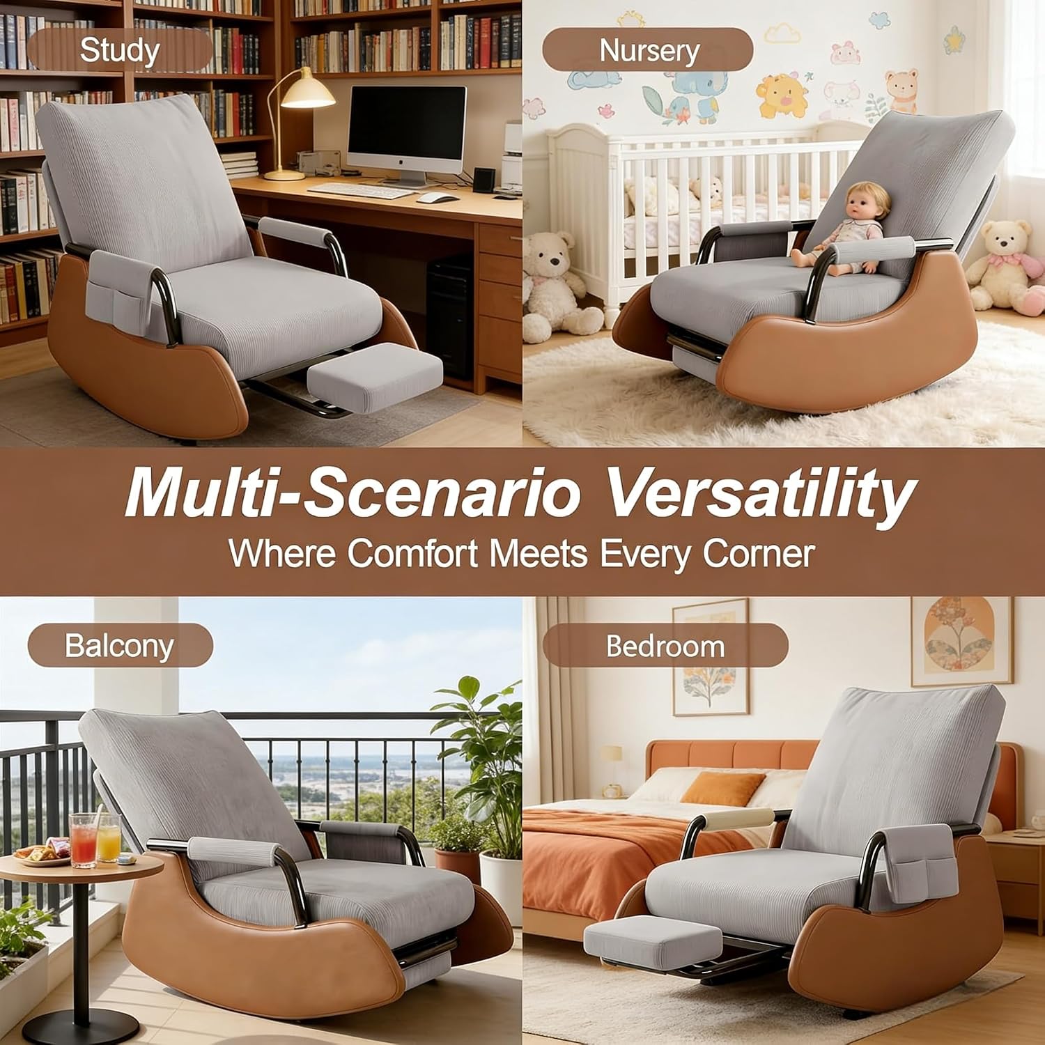 JPBSTO Rocking Chair Nursery, Upholstered Glider Rocking Chair with Side Pocket and Adjustable High Backrest, Foldable Rocker Recliner with Footrest Perfect for Living Room Bedroom, Grey