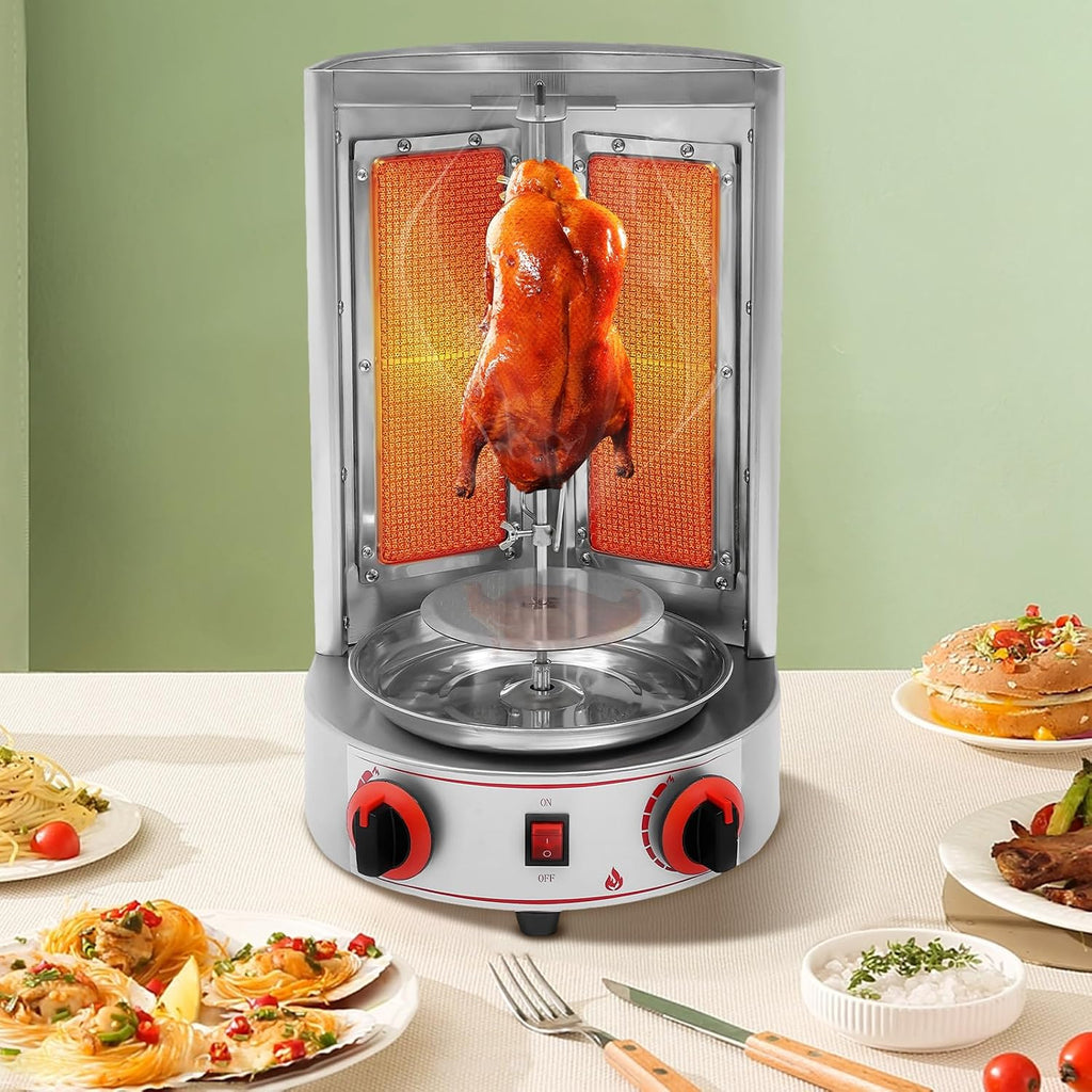 Countertop Shawarma Machine 110V 3000W Gas Vertical Shawarma Machine 360°Rotating Gyro Grill with 2 Burners Stainless Steel Shawarma Machine for Commercial Home Restaurant Kitchen