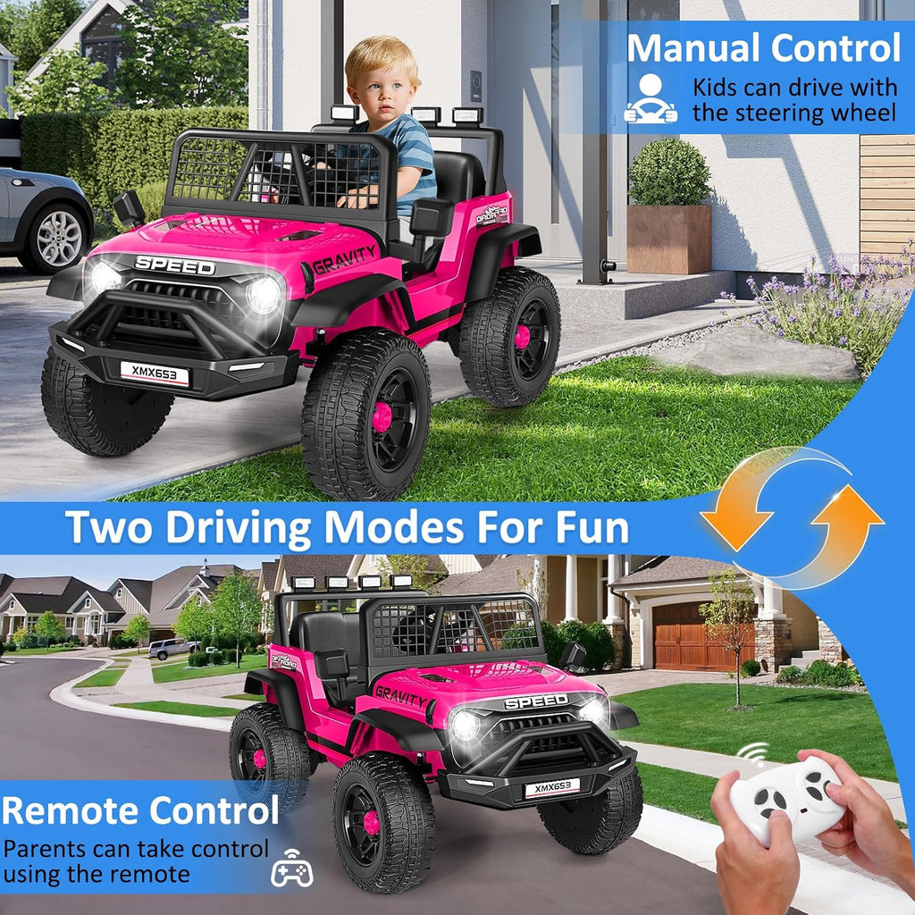 Hikole 12V Kids Electric Car with Remote Control, 1-Seater Ride on Truck Toy, Bluetooth Music, Dual Steering Wheel, Shock Absorbing Suspension, LED Lights & Safety Belt for Boys Girls Ages 3-6