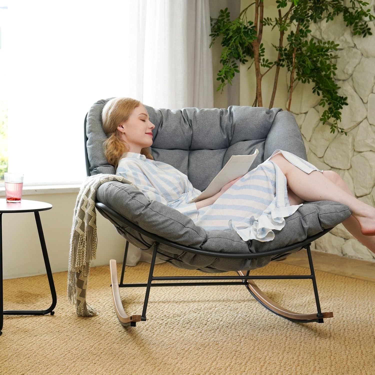 Grand patio Rocking Chair Indoor with Thick Cushion, Oversized Metal Papasan Rocking Chair for Living Room