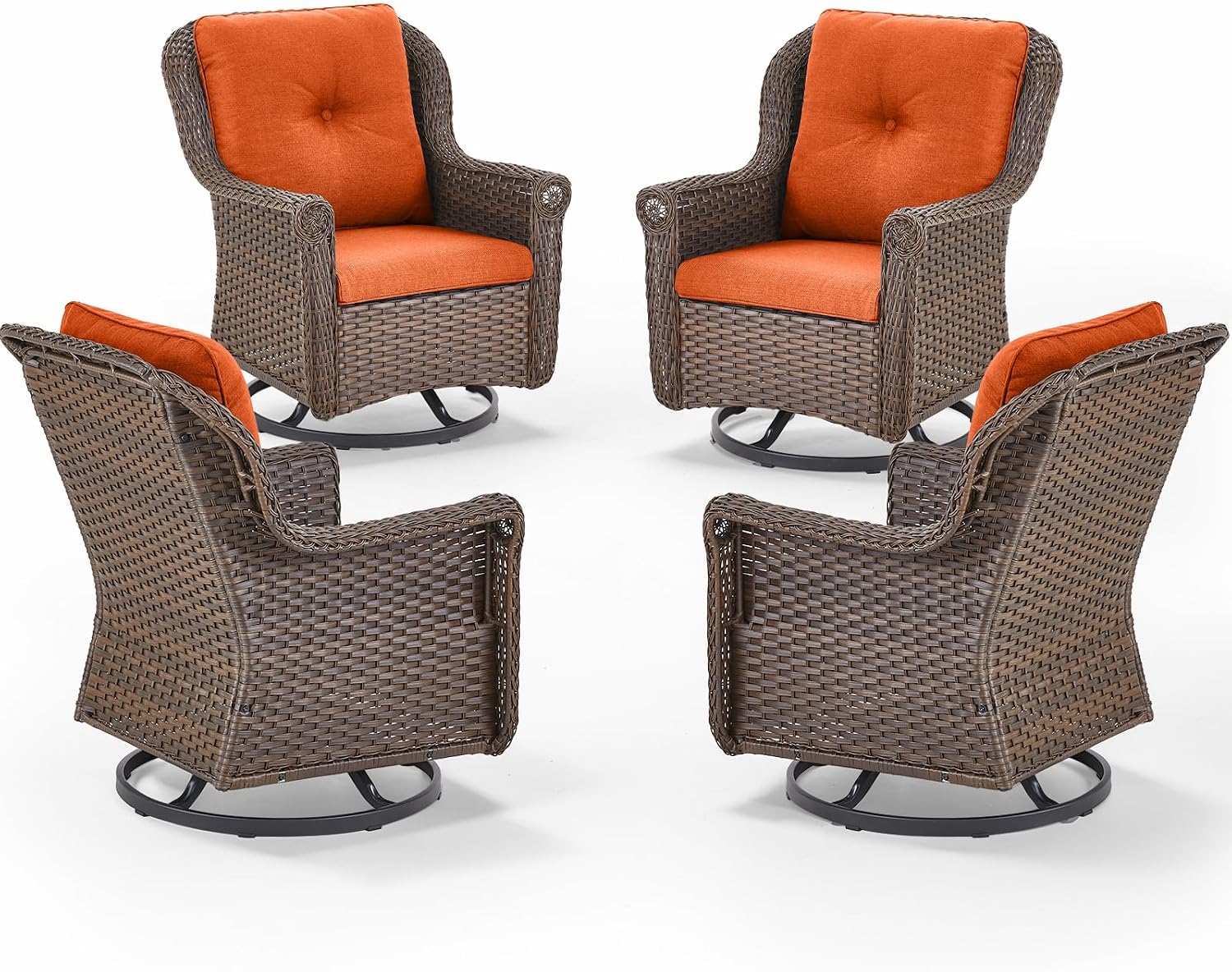 Patio Chairs Outdoor Swivel Glider - Set of 4 High Back Outside Brown Wicker Rattan Rocking Chair with Thick Cushion for Porch Apartment Deck Yard Poolside Garden - Orange