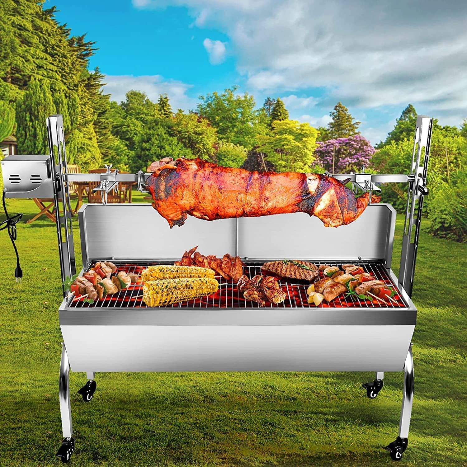 bbq rotisserie grill roaster charcoal roast machine charcoal bearing lamb spit roaster hog roasting machine for outdoor picnic camping height-adjustable (88LBS with baffle)
