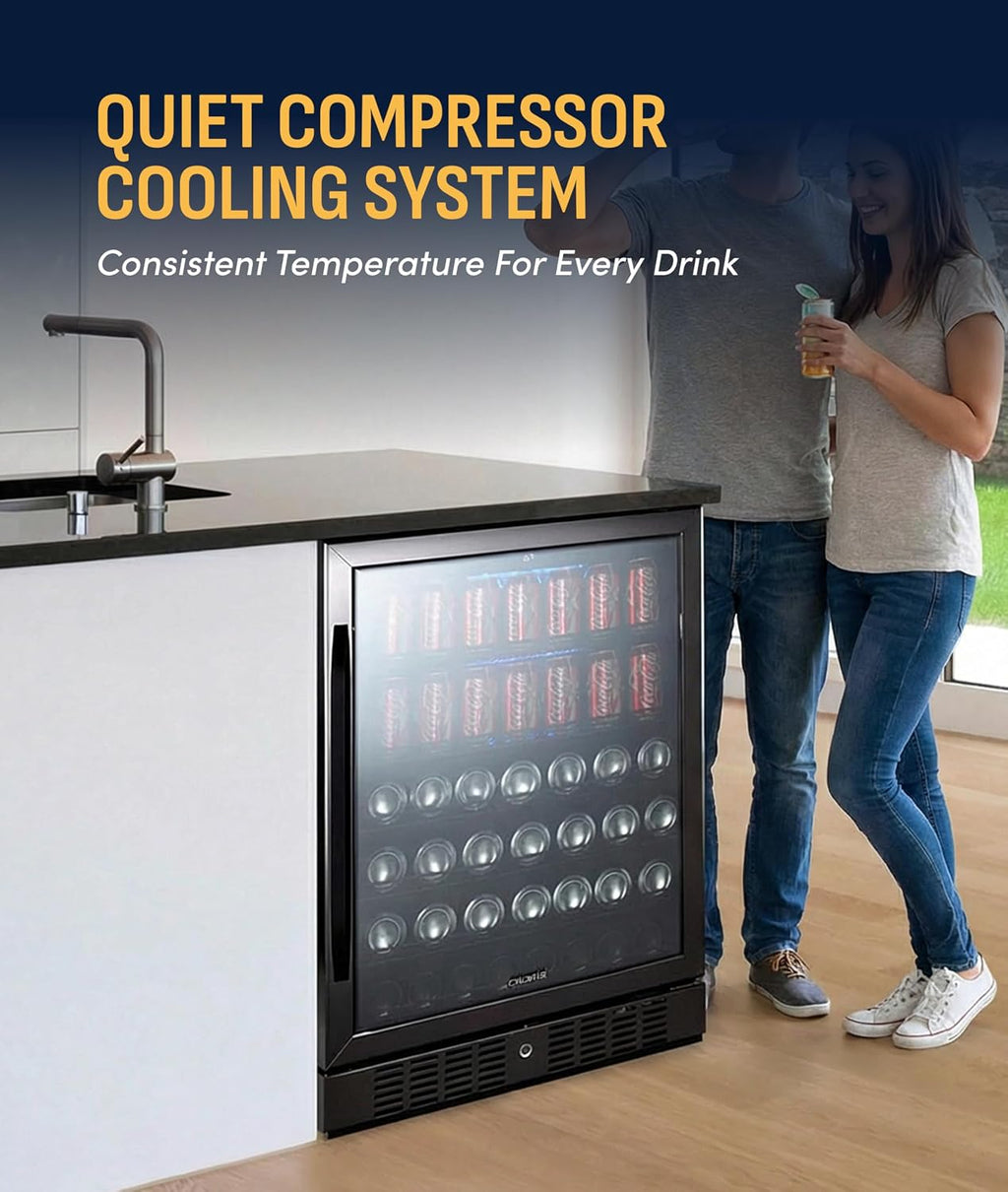 NewAir Beverage Refrigerator with Glass Door | 177 Can Mini Fridge for Bedroom, Dorm, Office, or Gaming Setup | Soda, Beer, and Wine Cooler | Black Stainless Steel