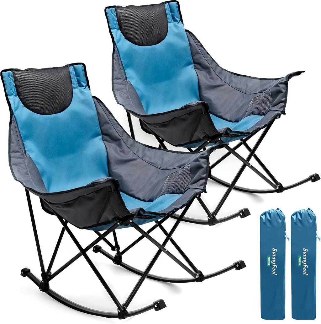 SUNNYFEEL Rocking Camping Chair 2 Pack, Luxury Padded Recliner, Oversized Folding Lawn Chair with Pocket, Heavy Duty for Outdoor/Picnic/Lounge/Patio, Portable Camp Rocker Chairs with Carry Bag