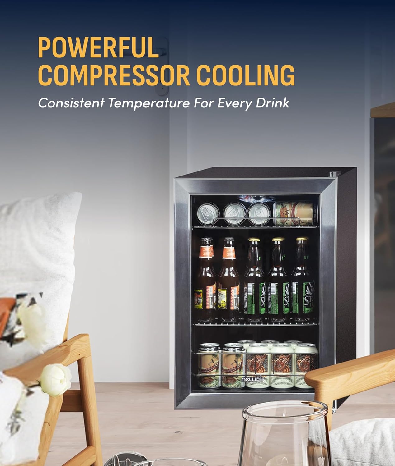 NewAir 90 Can Beverage Refrigerator | 17' Freestanding Small Mini Fridge for Bedroom, Home Bar or Office | Quiet Compressor Cooling & Adjustable Shelves | Stainless Steel
