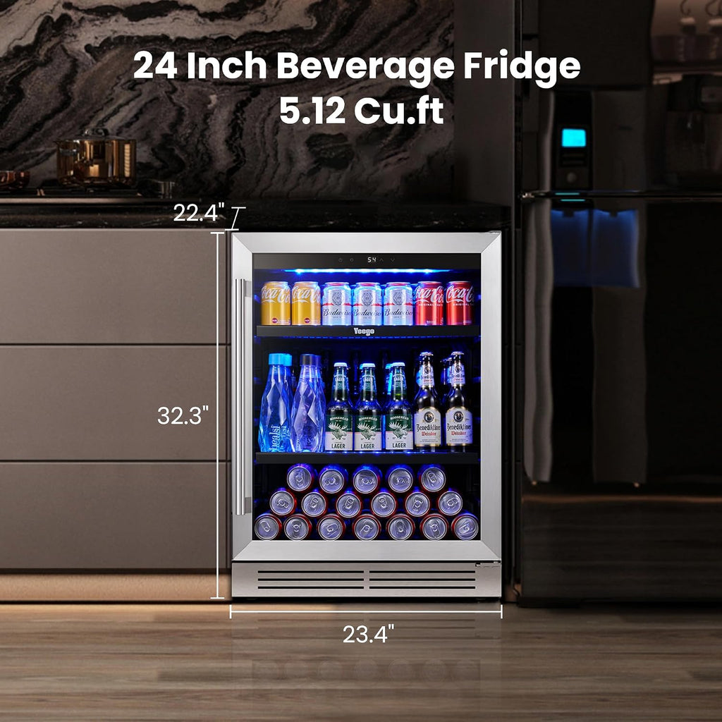 Yeego 24 Inch Beverage Refrigerator – 180 Can Built-In Under Counter Drink Fridge with Glass Door, 34–54°F Cooling for Beer, Soda & Wine (Right-Hinged)