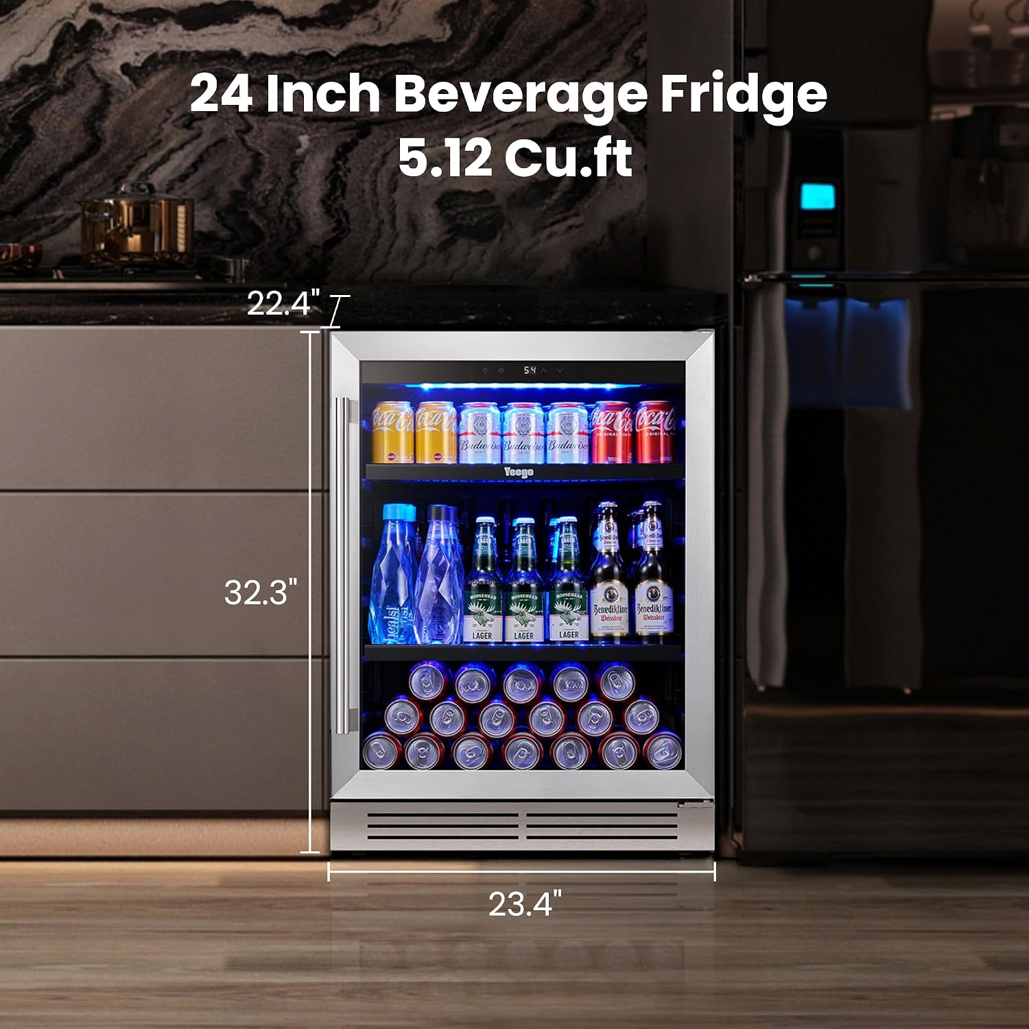 Yeego 24 Inch Beverage Refrigerator – 180 Can Built-In Under Counter Drink Fridge with Glass Door, 34–54°F Cooling for Beer, Soda & Wine (Right-Hinged)