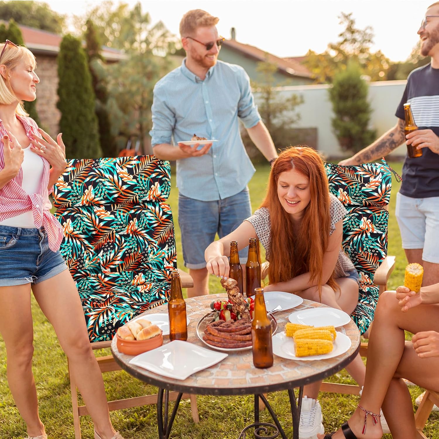 Barydat 4 Pcs Tufted High Back Chair Cushion Indoor Outdoor Seat and Back Cushions Palm Leaves Tropical Plants Lawn Rocking Chair Pads with Ties for Adirondack Patio Garden (Simple Style)